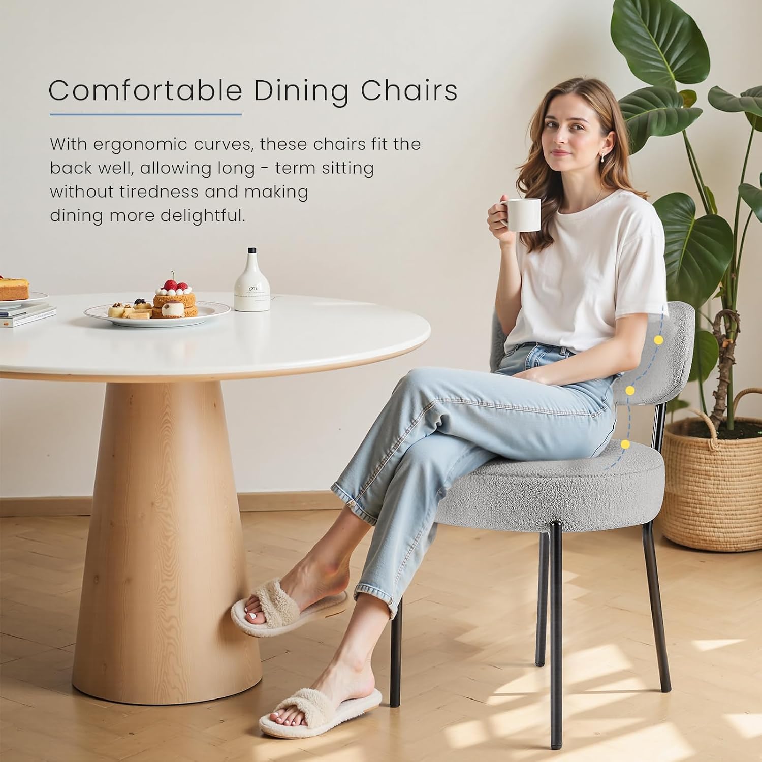 DUMOS Dining Chairs Set of 2, Mid Century Modern Chair Round Upholstered Curved Backrest, Kitchen Vanity Living Room Chairs with Black Metal Legs，Light Grey