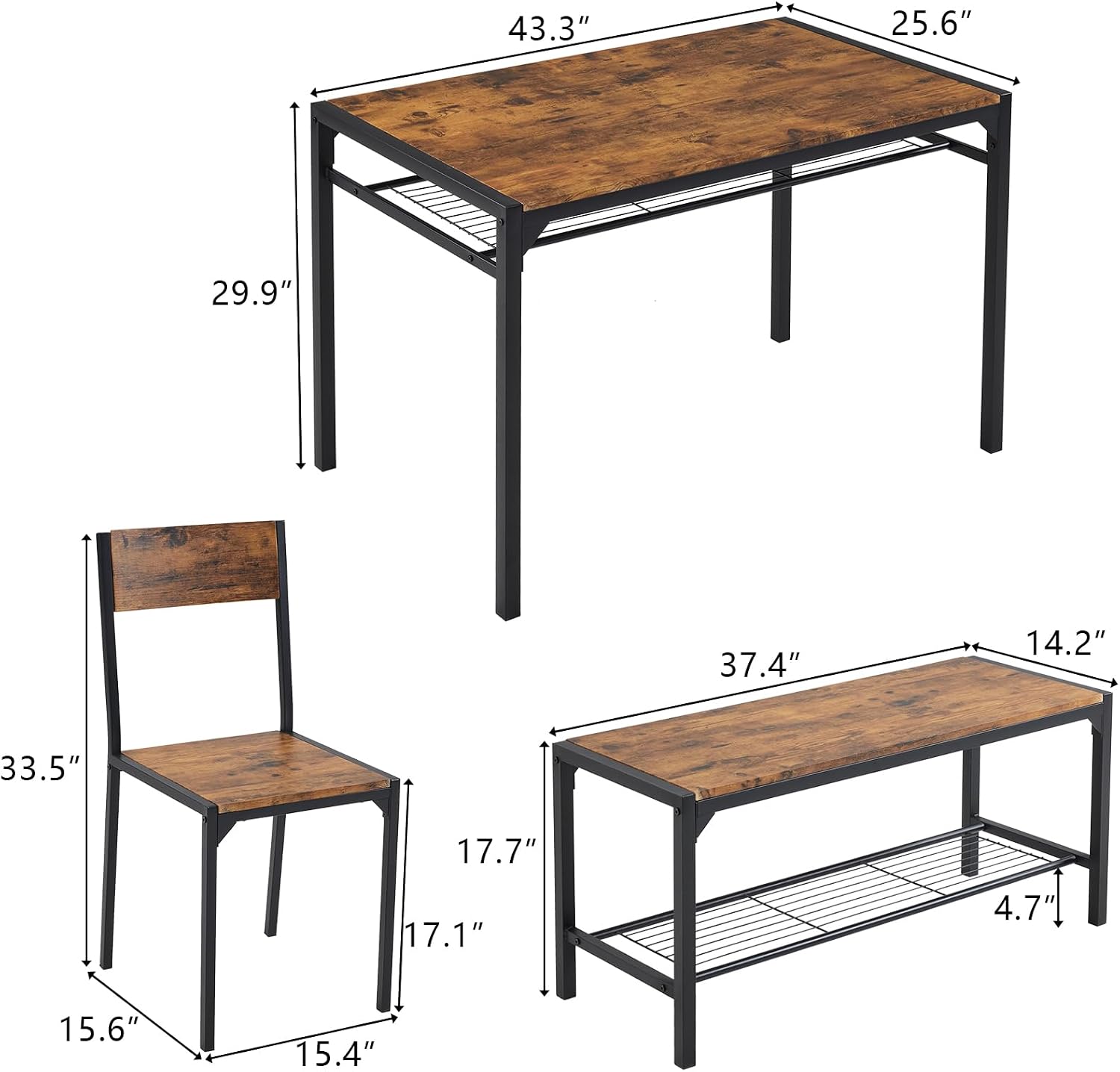 Karl home 4-Piece Dining Table Set for 4, Modern Kitchen Table Chairs Set for Small Space,Apartment, Storage Rack, Rectangular Table, Bench, 2 Chairs, Metal Frame-Retro Brown