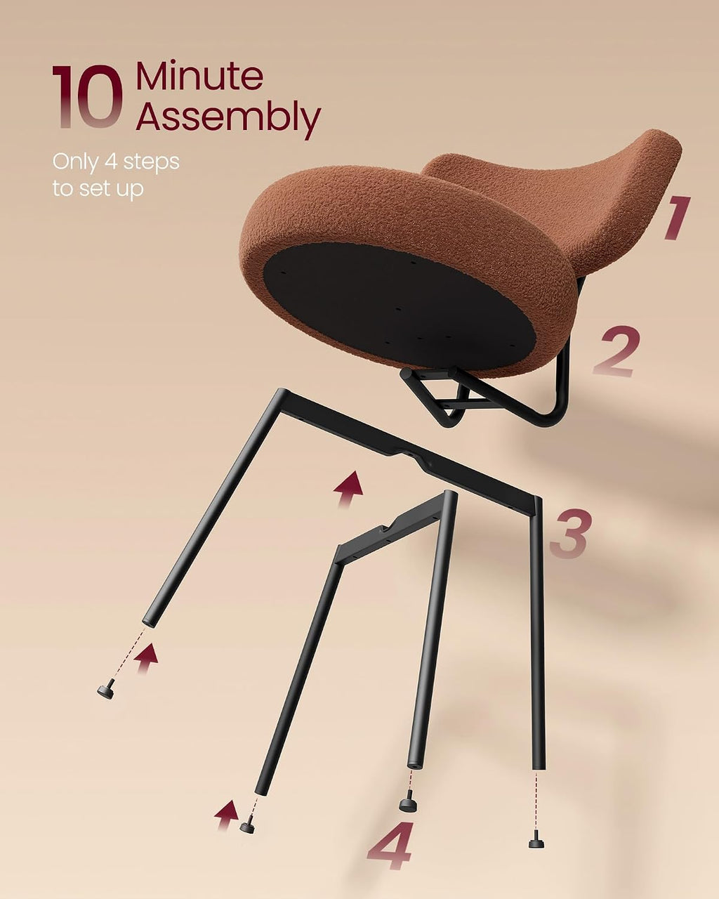 VASAGLE Boucle Dining Chairs Set of 4, Upholstered Kitchen Dining Room Chairs with Curved Backrest and Steel Frame, Modern Mid Century, Round, for Vanity, Living Room, Coffee Brown UKDC110K01-2J
