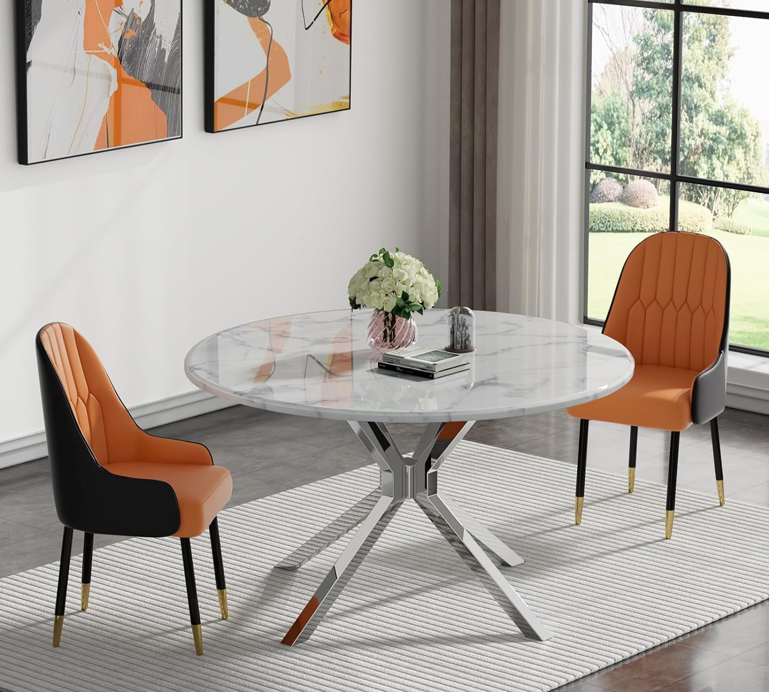 White Round Marble Dining Table with Silver Stainless Steel Leg, 45.28' Small Circle Marble Kitchen Table for 2-4 Person, Mid Century Modern Dining Table for Dining Room Kitchen Living Room
