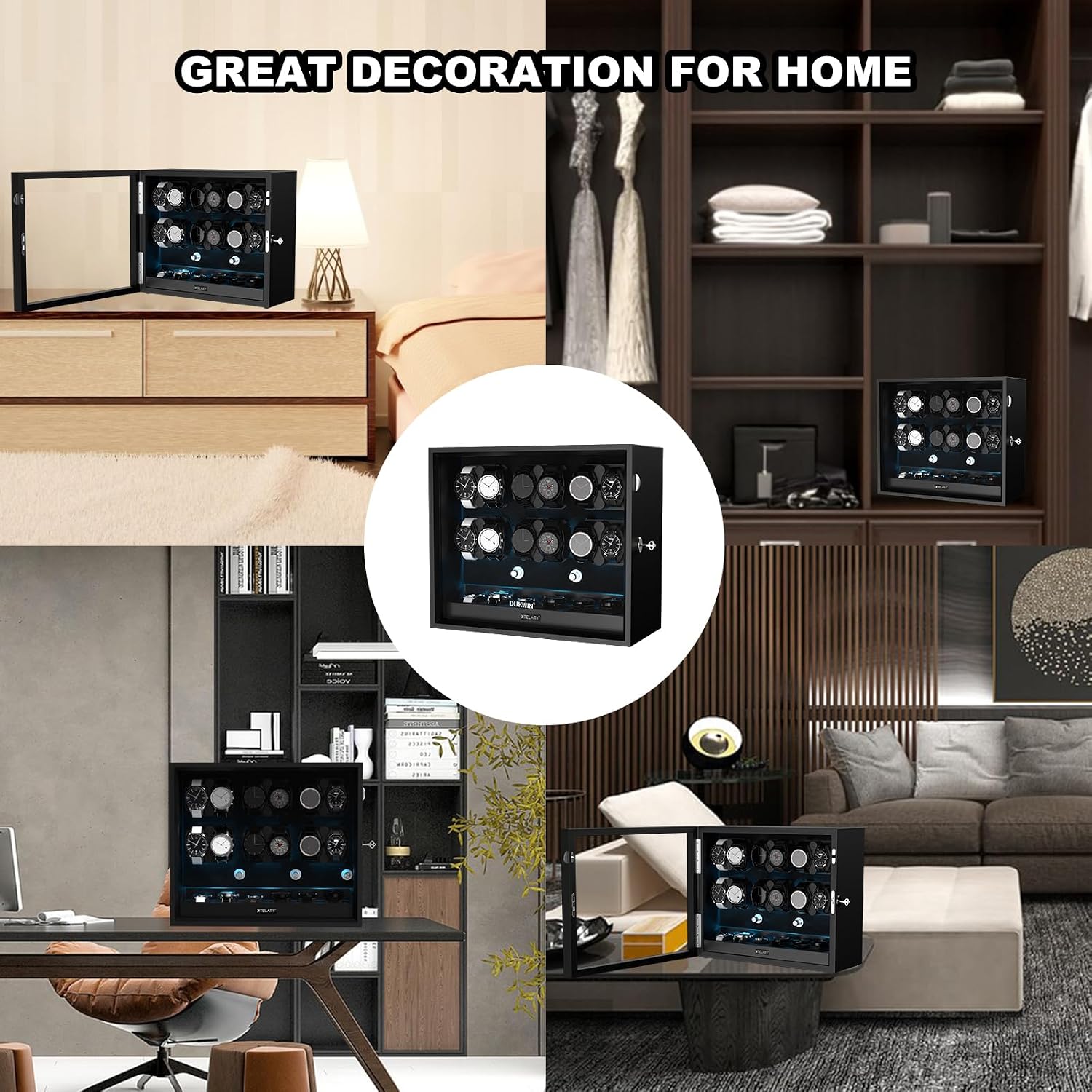 XTELARY Lockable Automatic Watch Winder - 4/6/8/12 Watch Storage, 4 Rotation Modes, Quiet Motor, Backlight