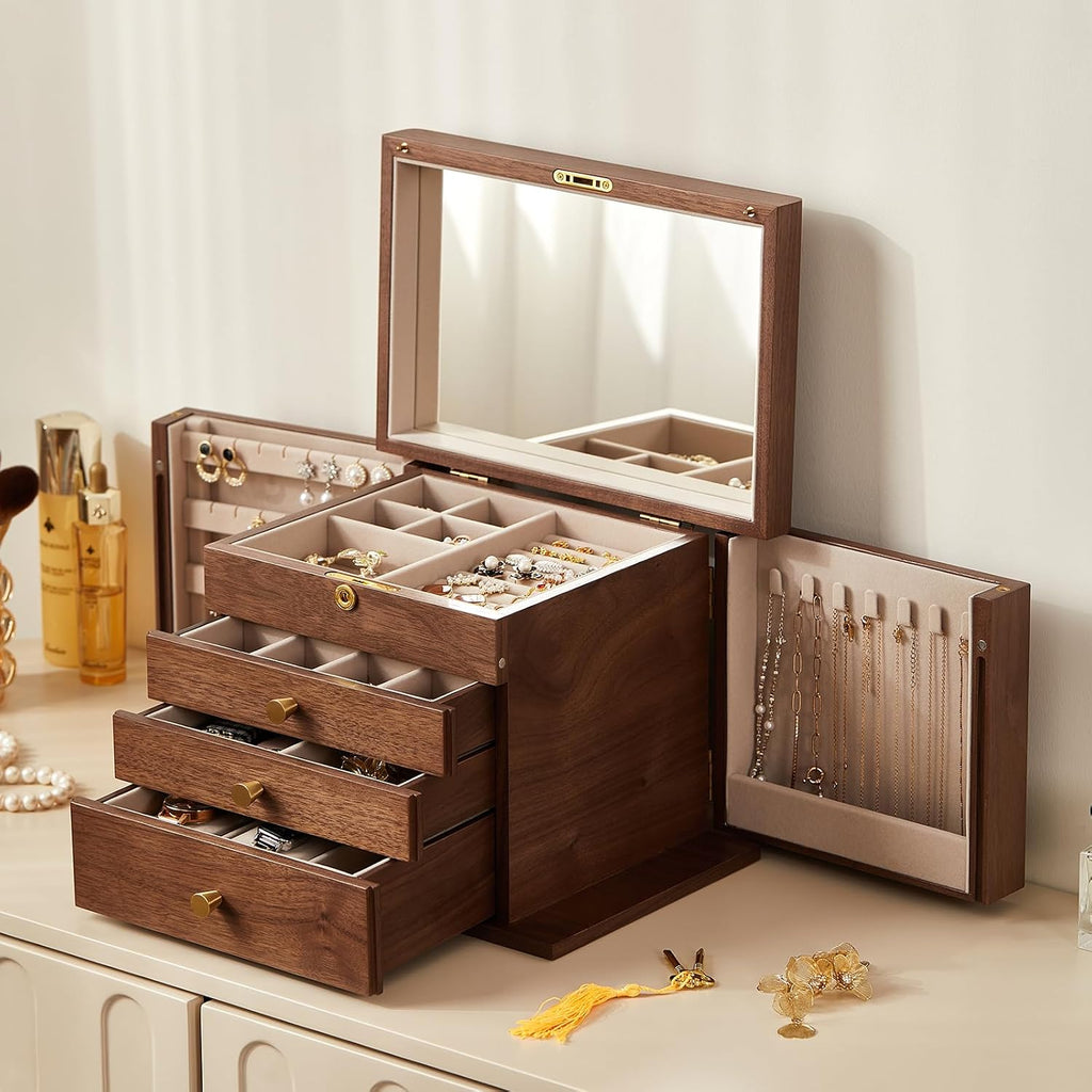 Black Walnut Wooden Jewelry Box, Wood Jewelry Organizer with 2 Side Doors Mirror Lockable Classical Style for Watch Necklace Ring Earring Storage, Ideal Gift-4 Layer