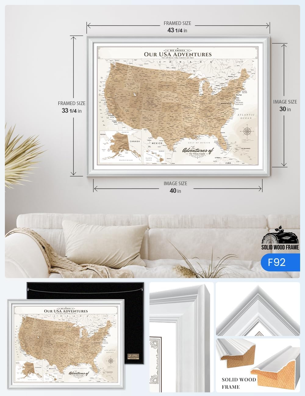 IPIC - Oversized Personalized Push Pin Travel Map USA, Custom Names, Pin Board Canvas, Vintage US Decor, Optional Wood Frame, Giclee Print, Handcrafted in USA, 40x30