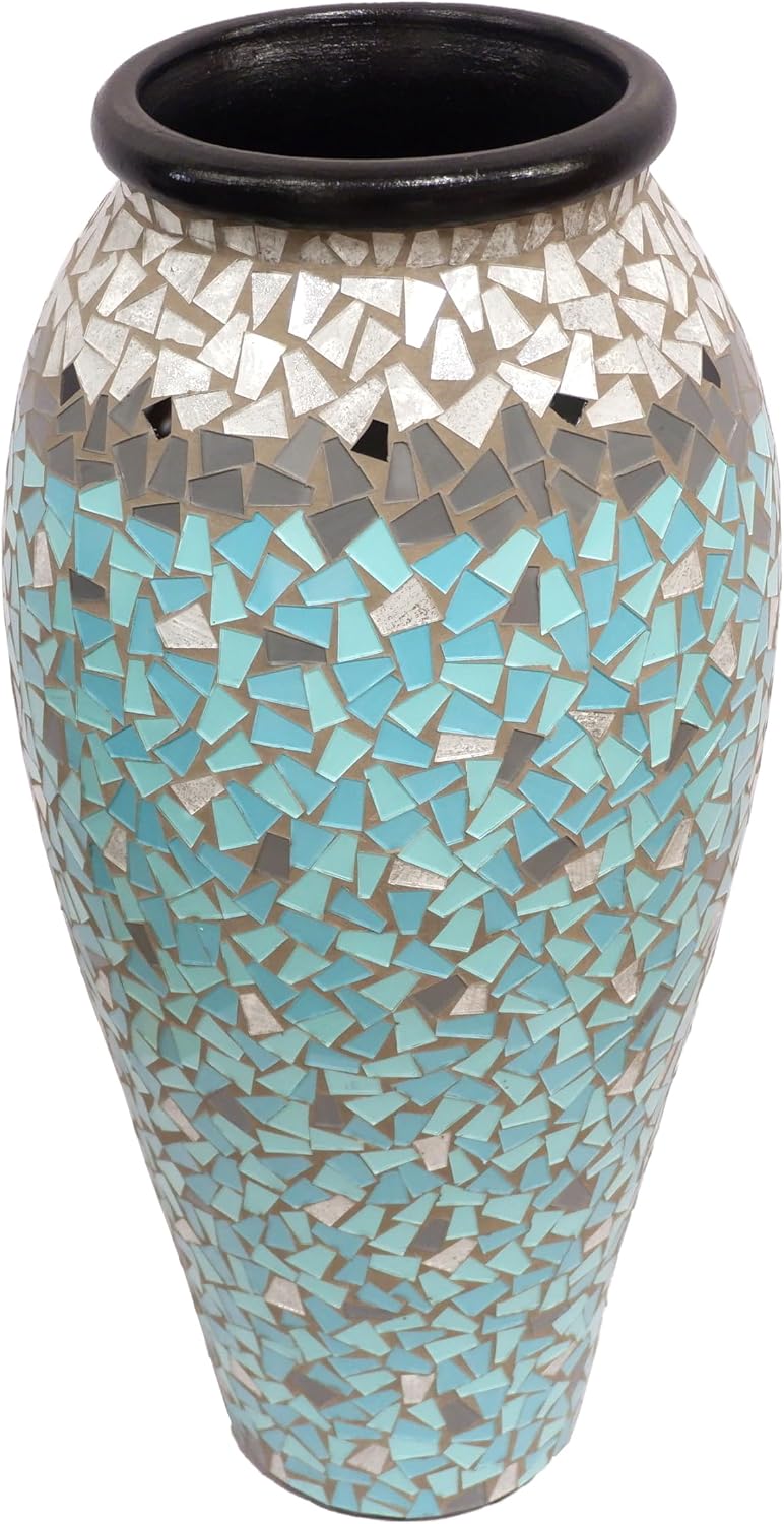 Floor Vase, 24 Inch Mosaic Vase – Tall Cylinder Made of Terracotta with Sky Blue and Teal Glass Mosaic Pieces – Handcrafted Decorative Home Décor Accent Piece for Bedroom, Living Room, Office
