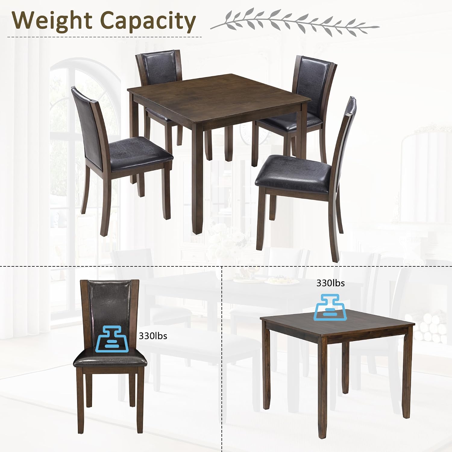 LUMISOL Dining Table Set for 4, Farmhouse Kitchen Table Set with PU Leather Dining Chairs, 5-Piece Wood Dining Sets, Dark Walnut