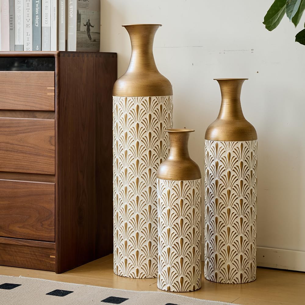 Floor Metal Decorated Vases Set of 3 for Gorgeous Home Decoration Large Glazed Metal Vases (Antique Brass+White)