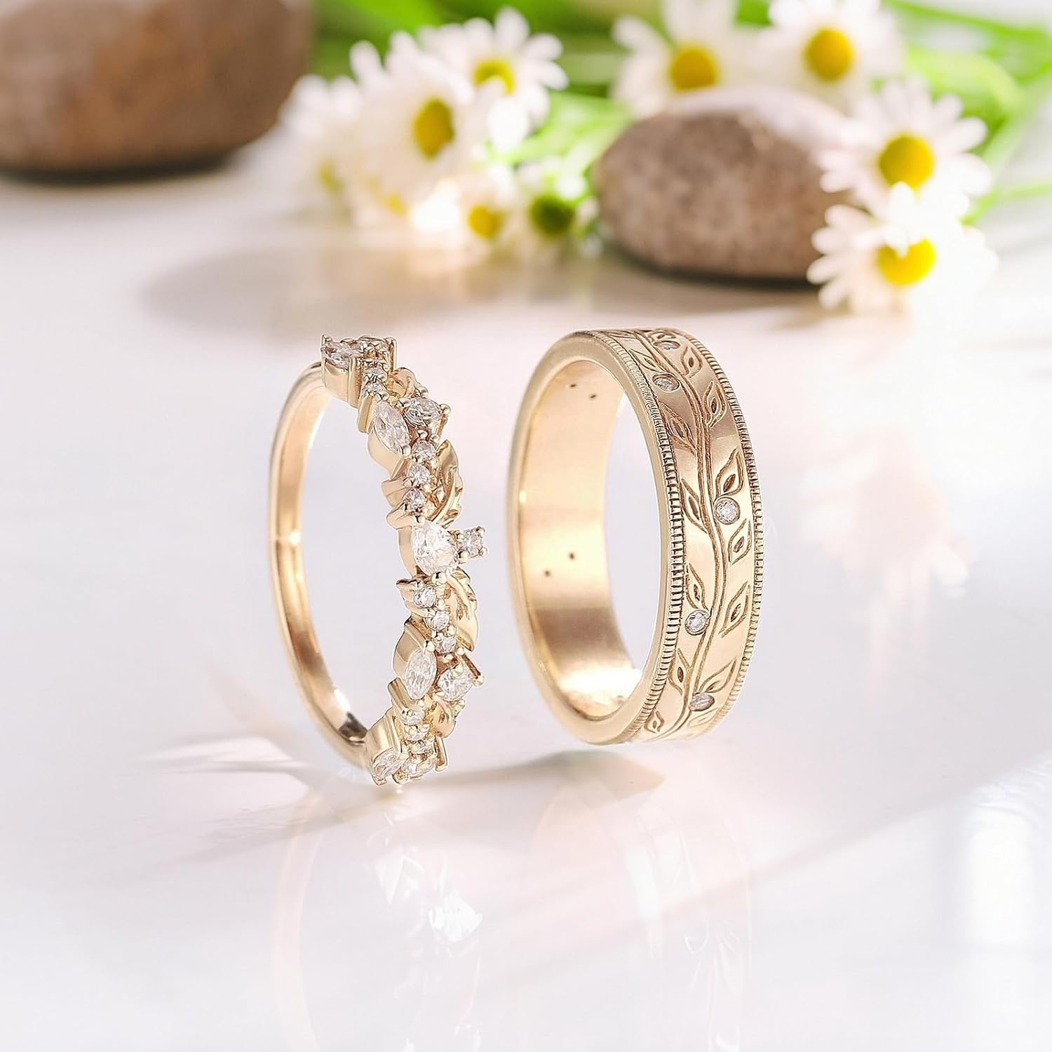 SISGEM Moissanite Couple Rings Set, 10K 14K 18K Solid Gold Moissanite Wedding Rings for Him And Her, Vintage Leaf/Branch Wedding Bands Matching Couple Rings Anniversary Jewelry Gift for Women And Men