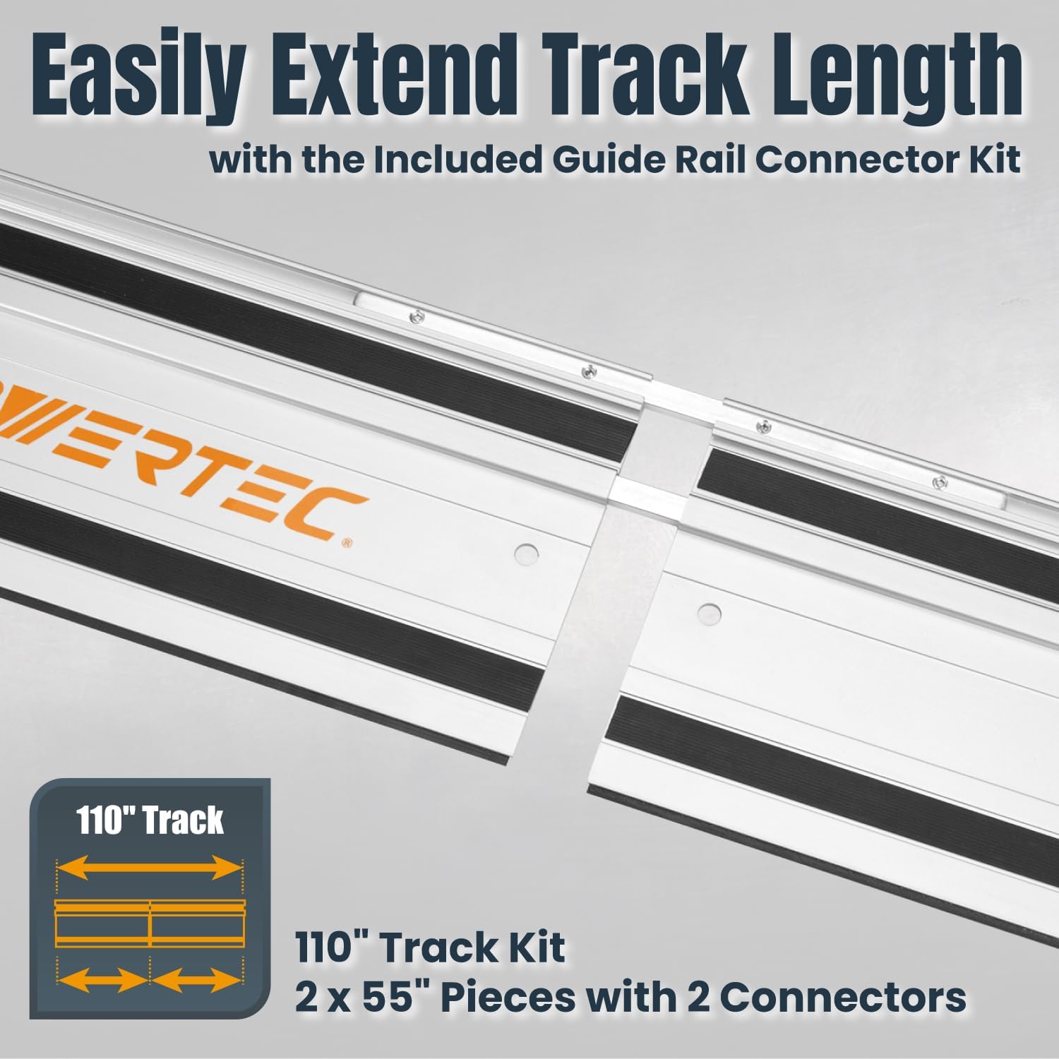 POWERTEC 110' Track Saw Guide Rail Joining Set for Milwaukee Track Saws - Includes 2x55' Aluminum Extruded Rails and Connectors for Woodworking Projects, 71871