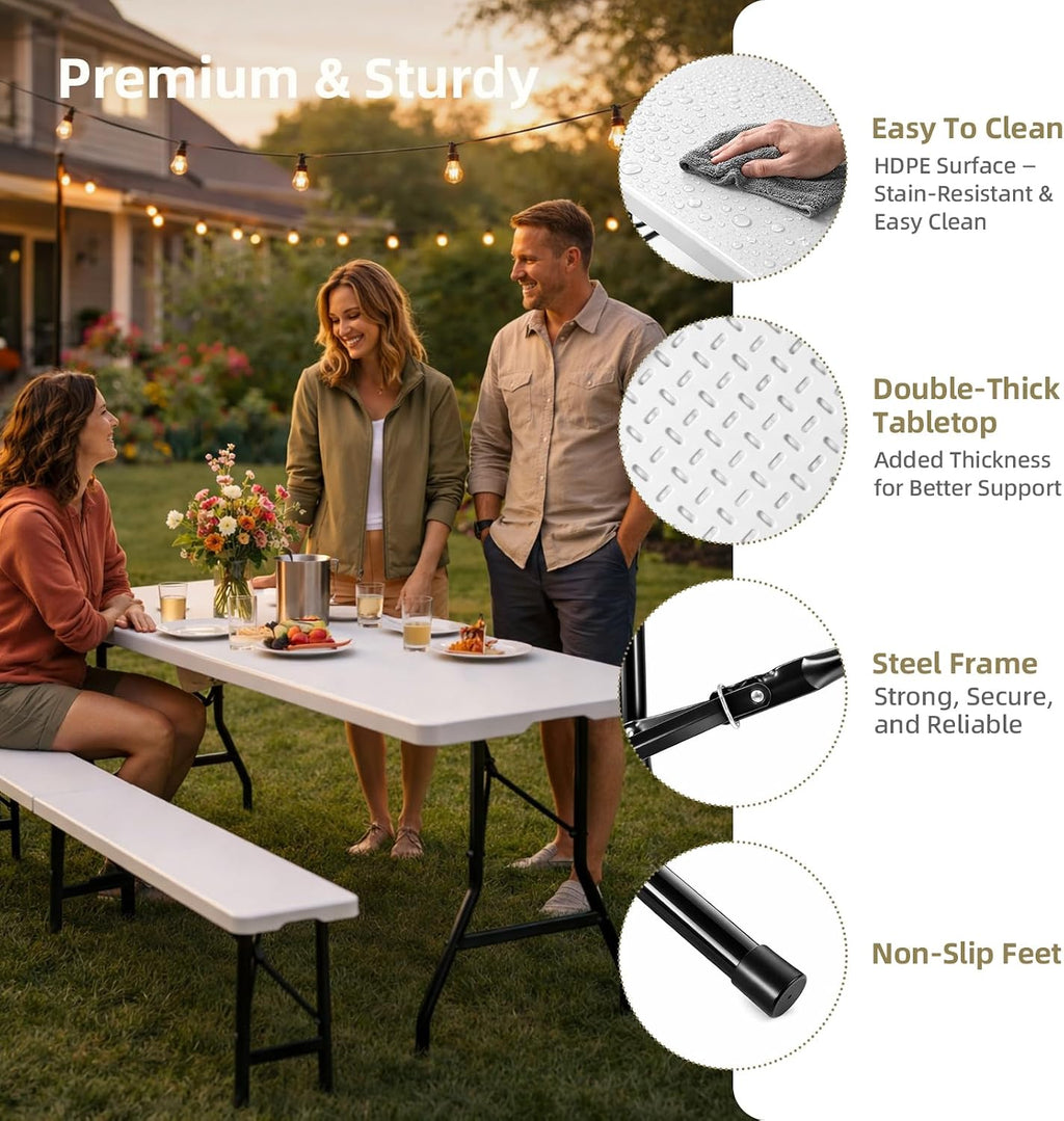6 Feet Picnic Table Set with 2 Benches, 6ft Folding Camping Table Chair Set for Indoor Outdoor Use, 3-Piece 6 ft Portable Folding Furniture with Handles, White