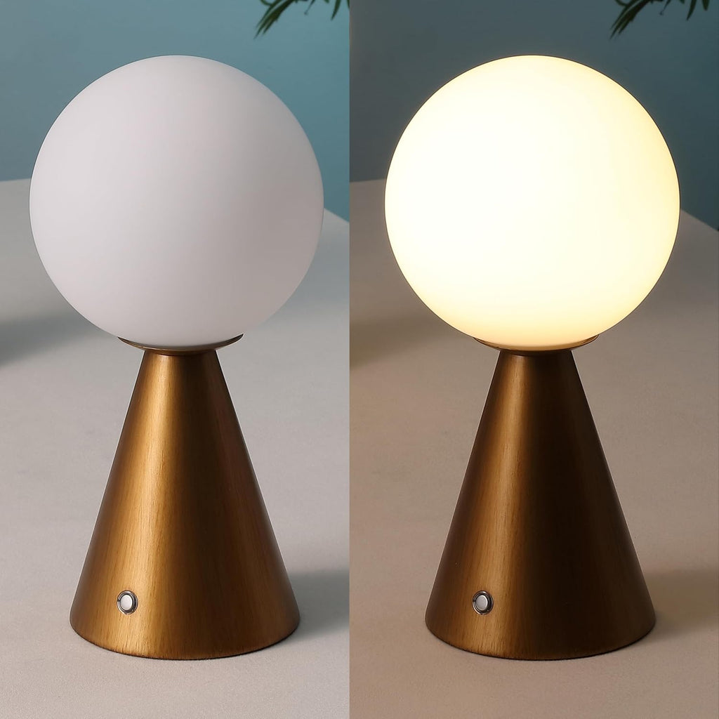 JONATHAN Y 11.75' Antique Gold Macie Modern Globe Cordless Table Lamp Set of 2, Rechargeable Dimmable Integrated LED Touch Sensor Bedside Lamp, White Frosted Glass Shade (JYL7159D-SET2)