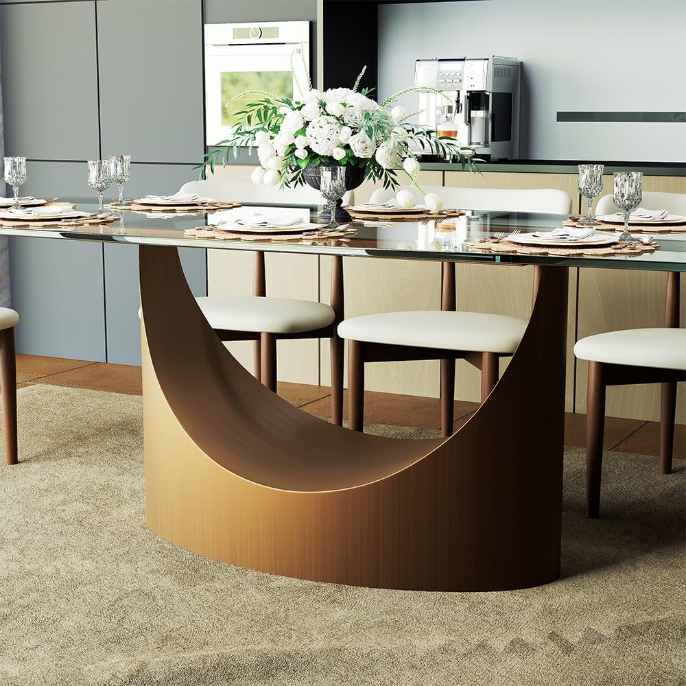 POVISON 71' Glass Dining Table for 6-8, Modern Rectangular Dining Table,Tempered Glass Table Top with U-Shaped Bronze Base,Ideal for Kitchens, Living Rooms(Table Only)