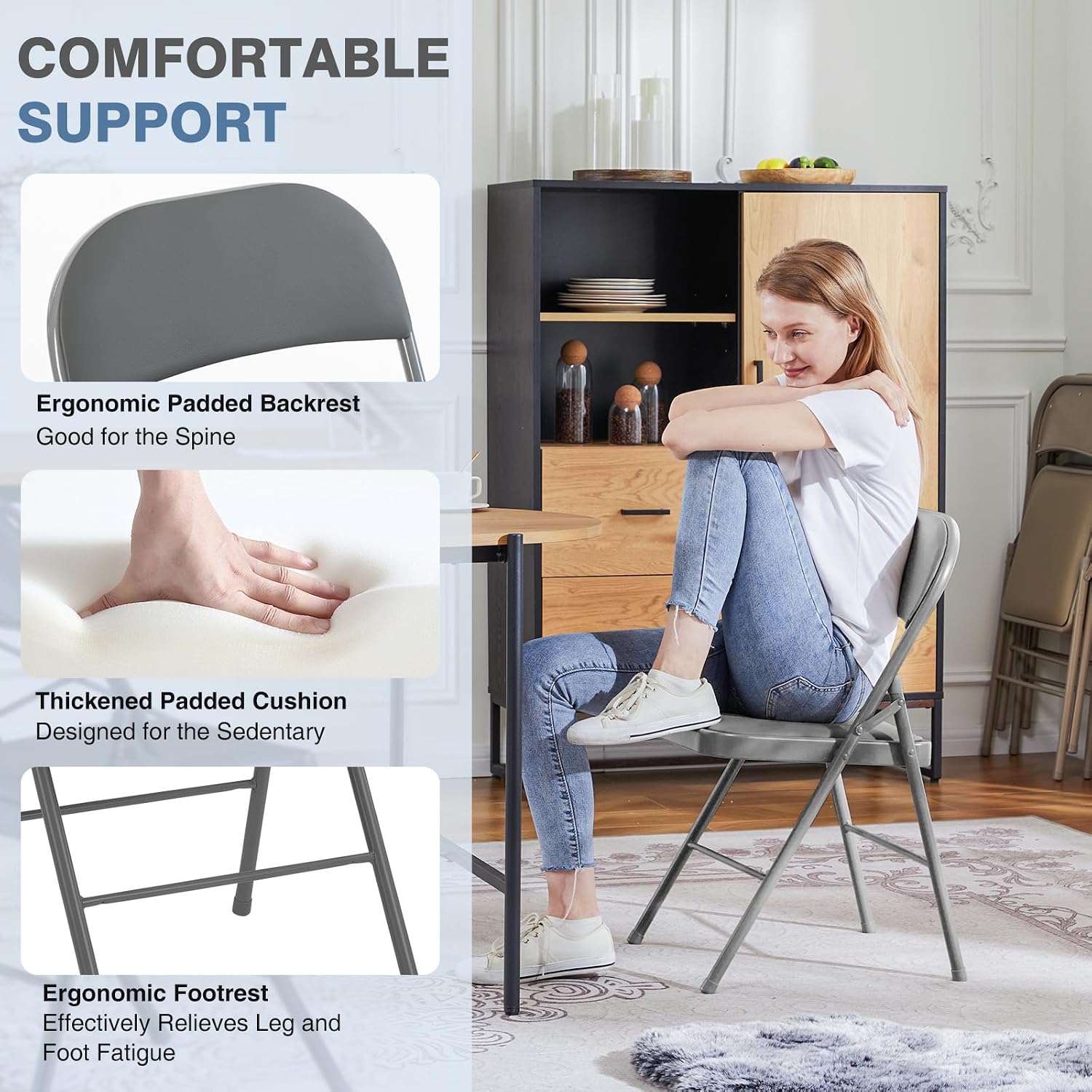 DUMOS 8 Pack Folding Chairs with Padded Cushion and Back - PU Leather Stackable Portable Dining Chairs Set, for Home and Office, Conference, Wedding, Party, Patio, Garden, for Indoor Outdoor, Grey