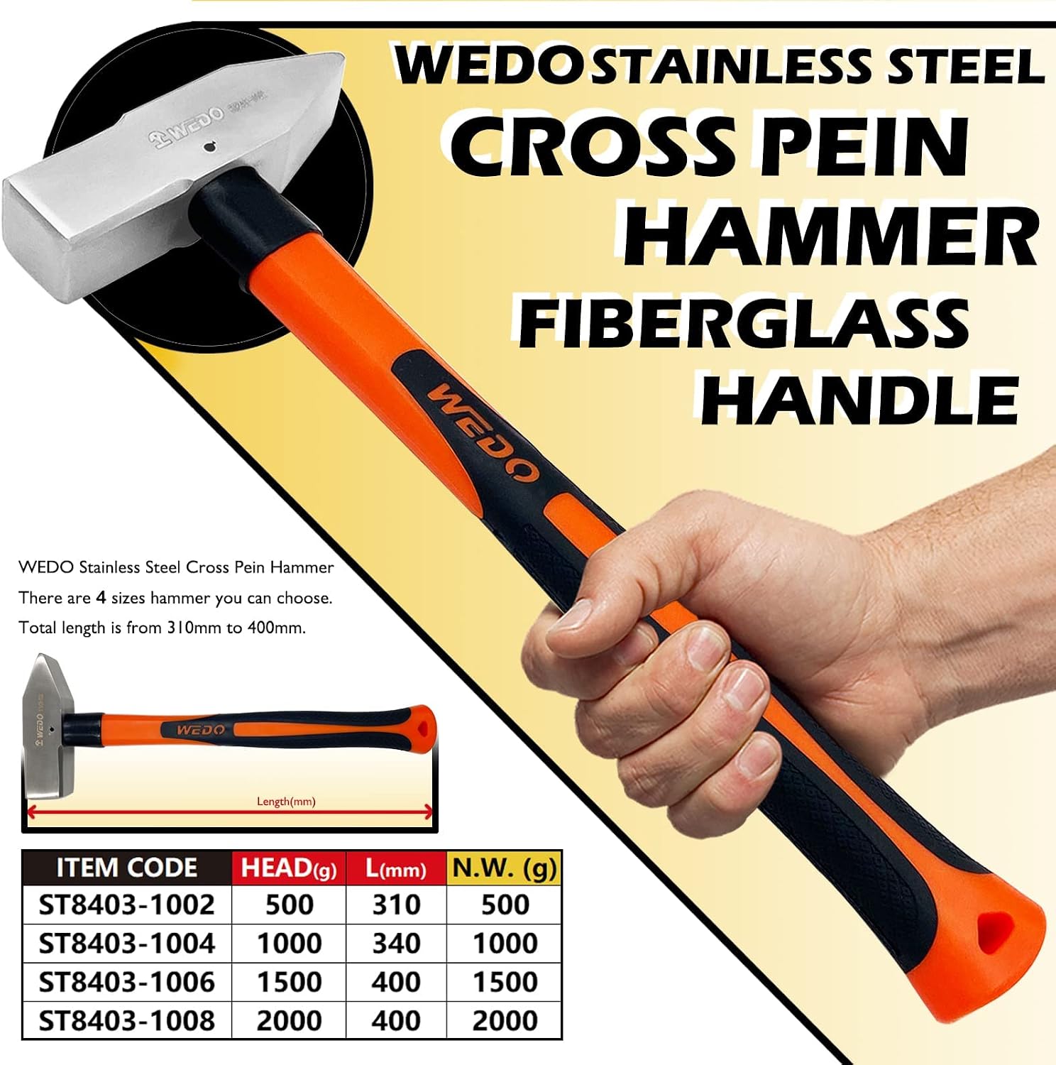 WEDO Cross Pein Hammer,Engineer Hammer,Blacksmith's Hammer,Fiberglass Handle,4lb,Length 400mm,Stainless Steel,Rust Proof,Corrosion Resistant,Die-Forged