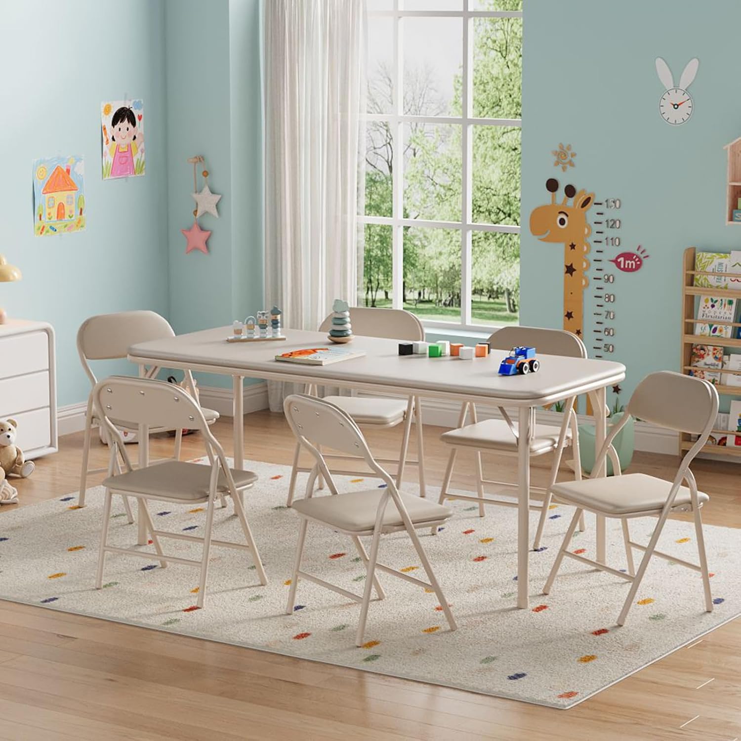 IDEALHOUSE 7 Piece Folding Kids Table and Chairs Set, Children Activity Table and Chairs Set for Dining Room,Daycare,Classrooms