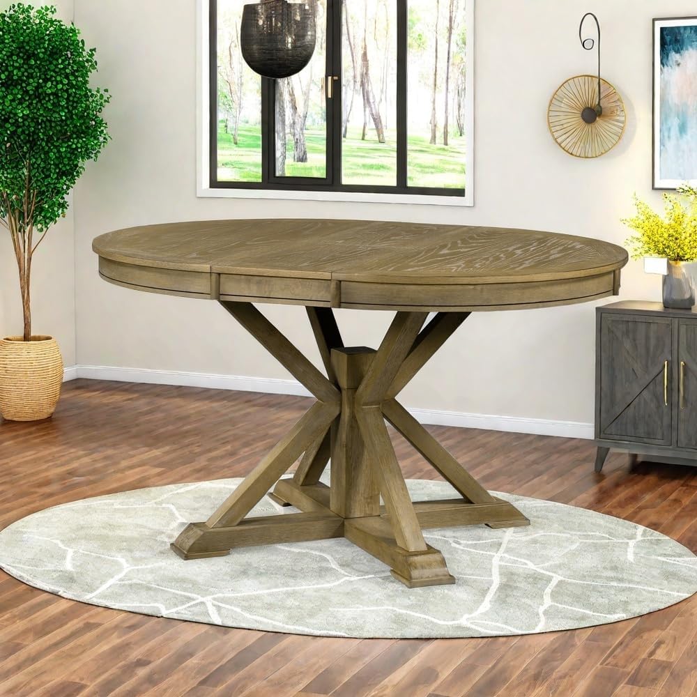 LUMISOL Extendable Round Dining Table for 4-8, Farmhouse 42'-54'' Expandable Kitchen Table with Removable Leaf and Pedestal Base for Kitchen, Dining Room, Living Room, Natural