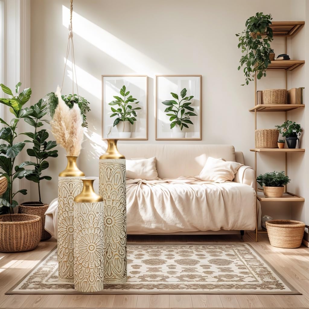 Modern White Metal Floor Vases Set of 3 – Tall Droplet-Shaped Decorative Vases for Home, Large Glazed Metal Vases for Living Room, Entryway, Wedding, Event or Floral Arrangement Décor