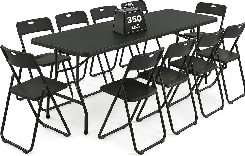 8FT Foldable Table Set with 10 Pack Plastic Folding Chairs, Heavy Duty 350 lbs Folding Table & Folding Chairs, Portable Foldable Furniture Bundle for Parties, Wedding, Events, Indoor & Outdoor