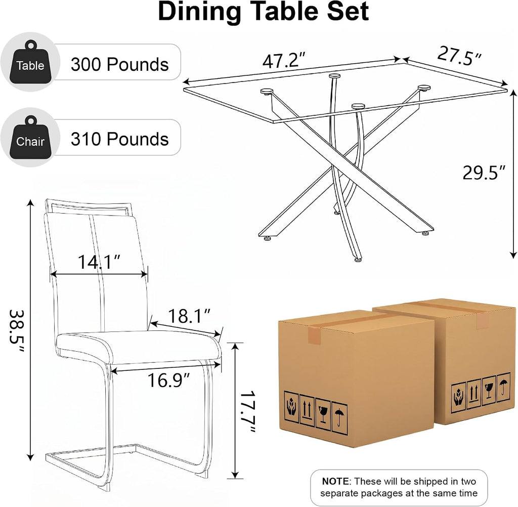 5 Piece Glass Dining Table Set for 4, Modern Tempered Glass Top Kitchen Table and Chairs Set, 4 Upholstered Chairs and Faux Leather Cushions, Space-Saving Small Apartment Dining Set