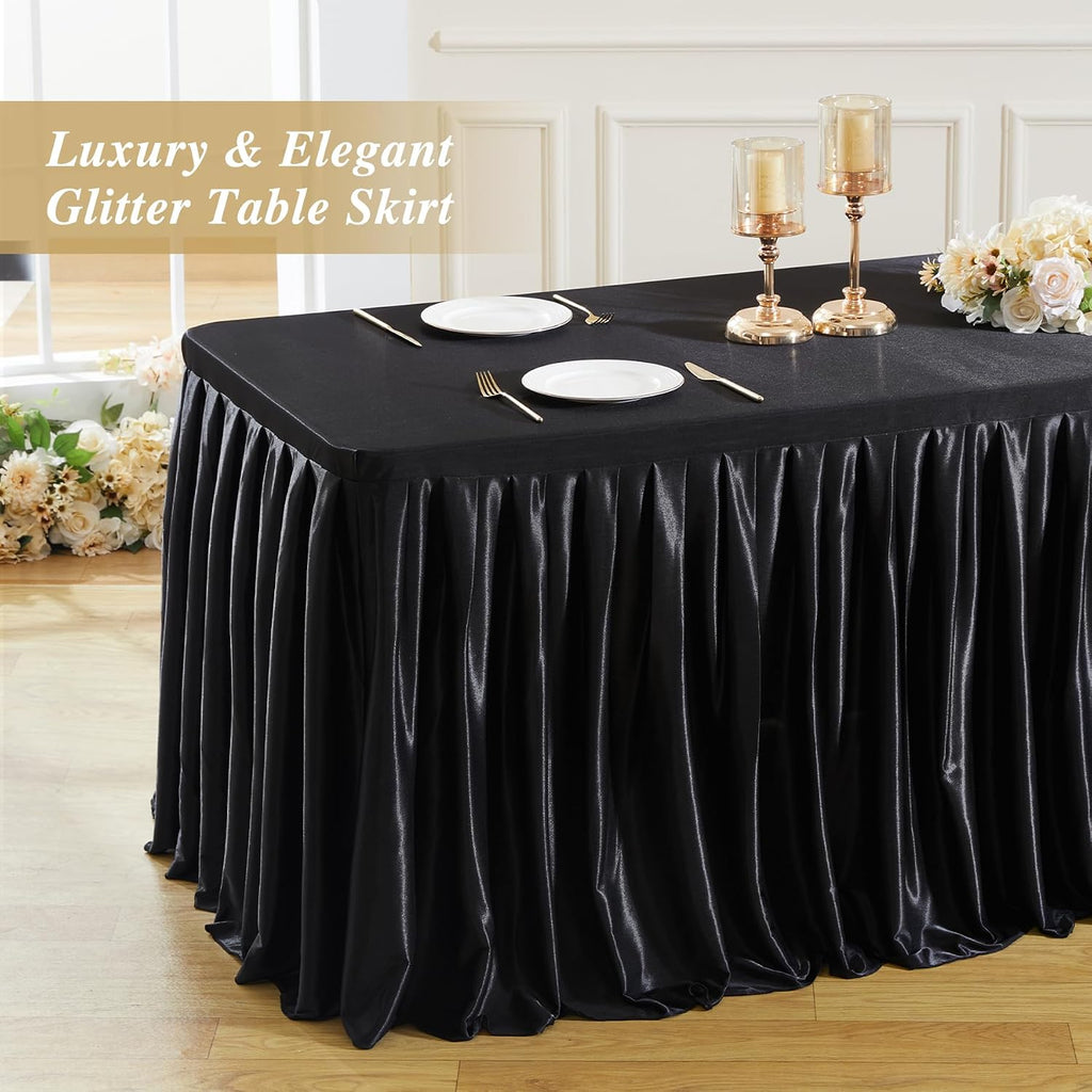 8 Pack 6ft Black Satin Tablecloths Rectangular - Shiny Spandex Party Table Cover with Pleated Table Skirt, No-Wrinkle & Glossy Wedding Tablecloth One-Piece for Birthday Baby Shower Banquet Ceremony