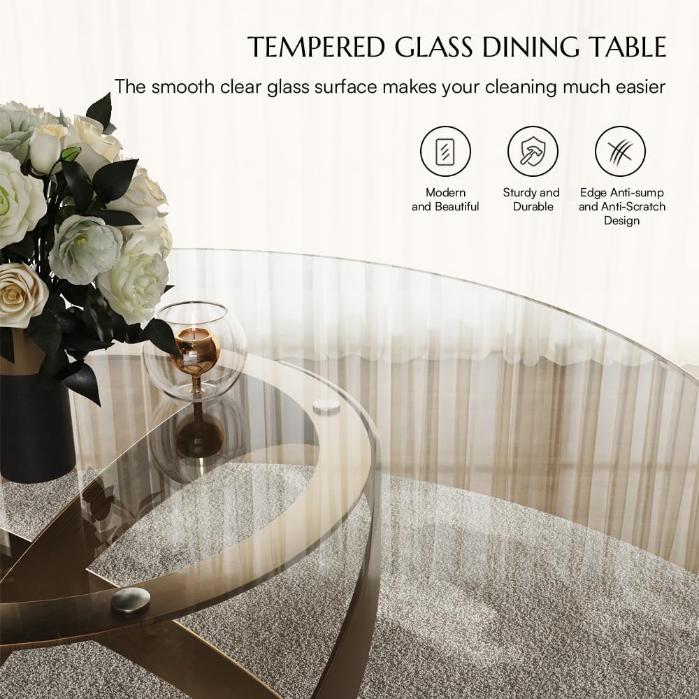 POVISON 59' Modern Round Dining Table, Glass Round Kitchen Table for 6, Glass Dining Room Table Top with Bronze X Carbon Steel Base for Dining Room (Dining Table Only)