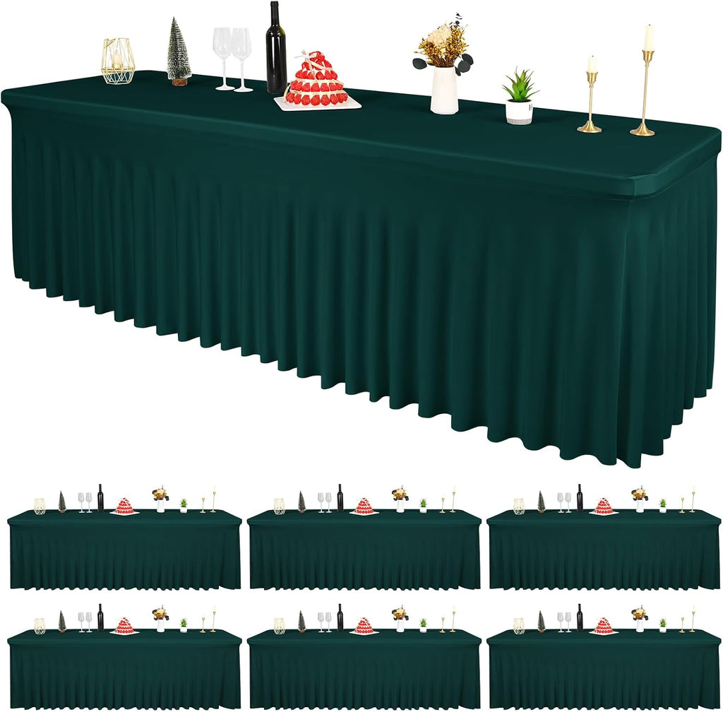 6 Packs Emerald Green Spandex Table Clothes for 8 Foot Rectangle Tables, Wrinkle Resistant Fitted Tables Cover, Washable Stretch Table Skirts for Weddings Parties Banquet Birthday Festival