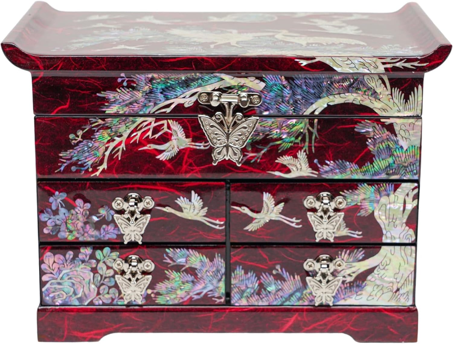 February Mountain Mother of Pearl Wooden Jewelry Organizer Box – Jewelry Storage Box for Women, Features Spacious Drawers, Ideal for Rings, Bracelets, Watches, Chains, Accessories (Crane_Red)