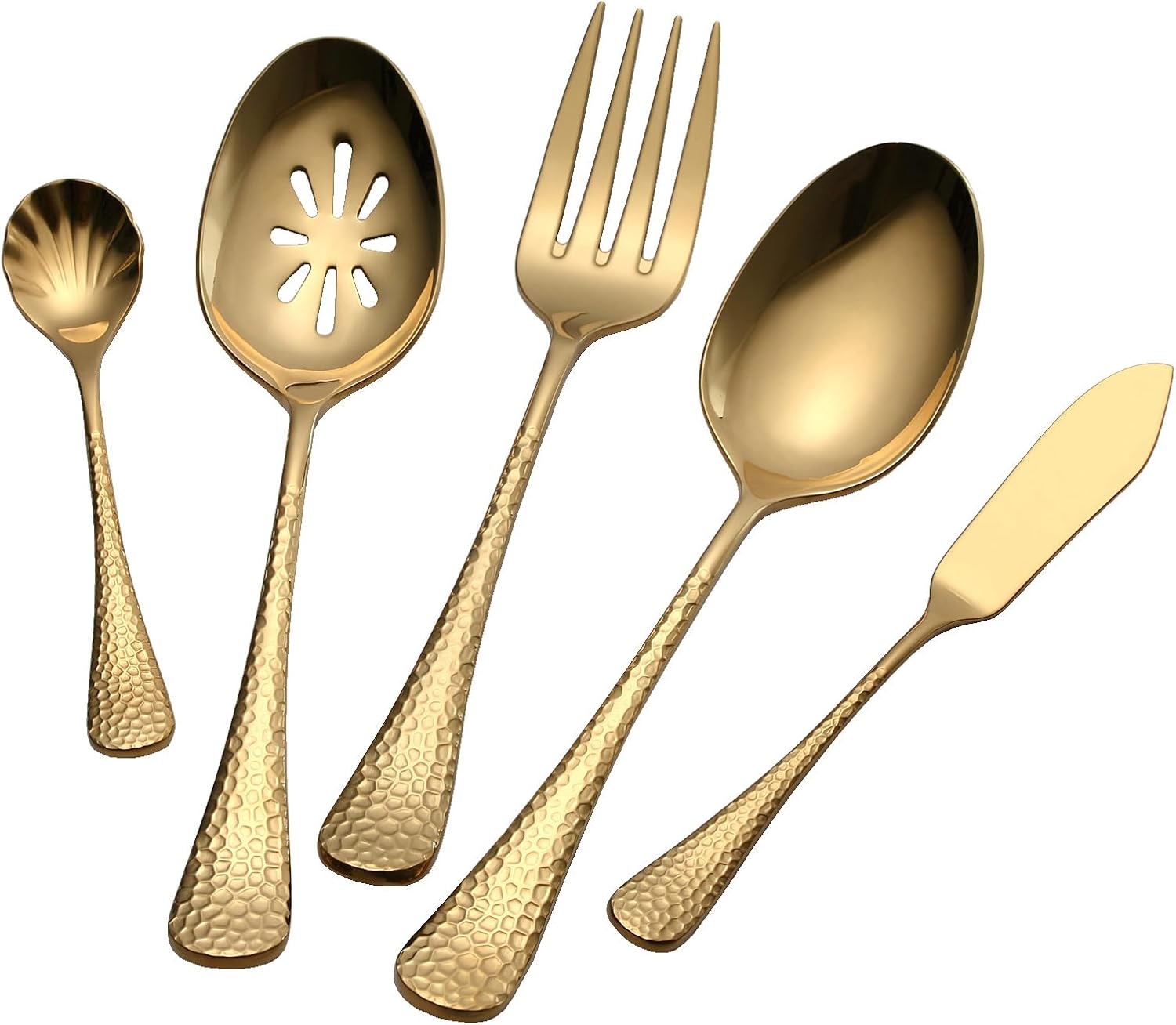 45-Piece Hammered Gold Flatware Set for 8,Premium 18/10 Stainless Steel Silverware Set with 5-Piece Serving Set,Modern Elegant Cutlery Set for Kitchen,Wedding,or Hosting,Dishwasher Safe