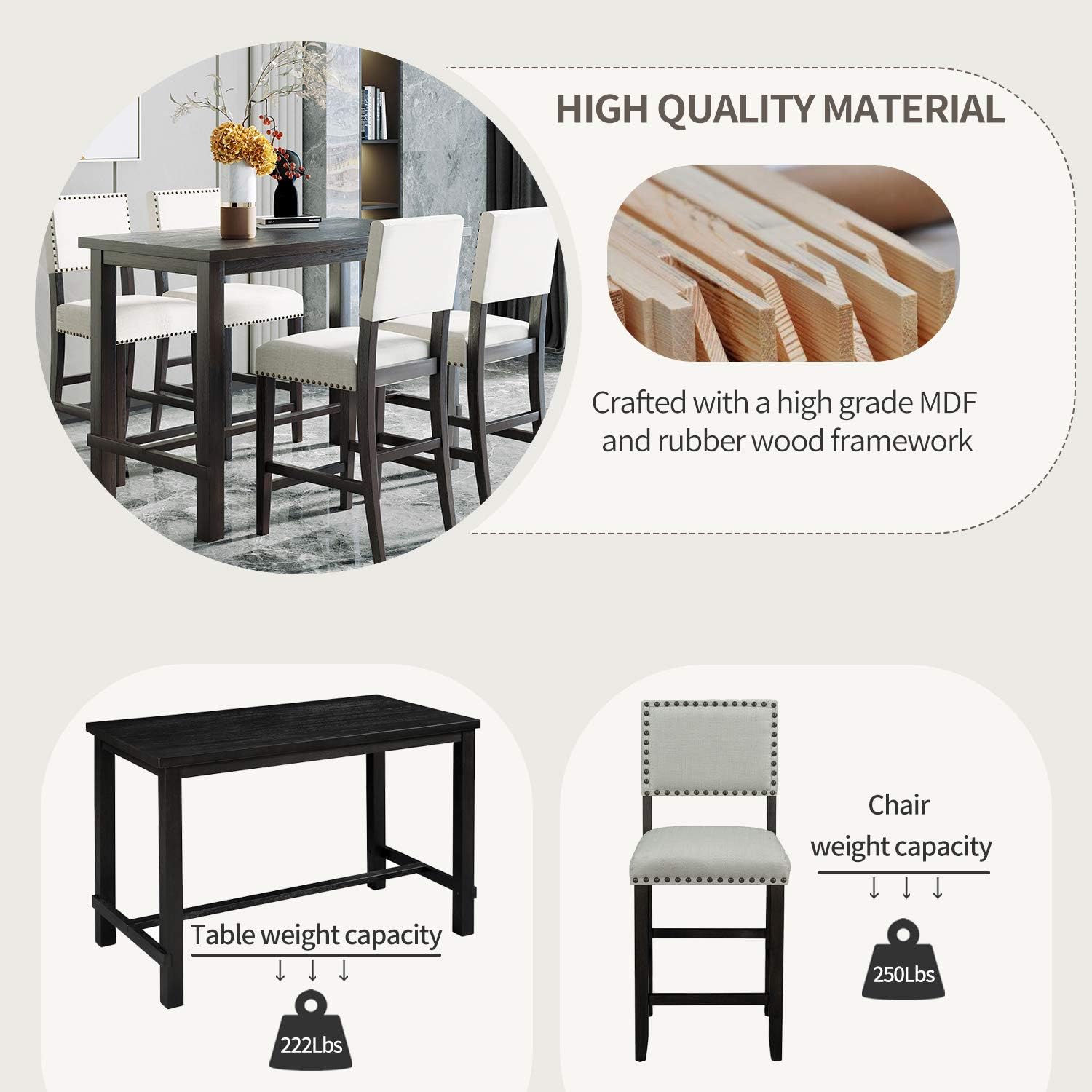 P PURLOVE 5 Piece Kitchen Table Set Counter Height Dining Table Set with Rectangle Table and 4 Cushioned Chairs for Small Place,Pub Kitchen