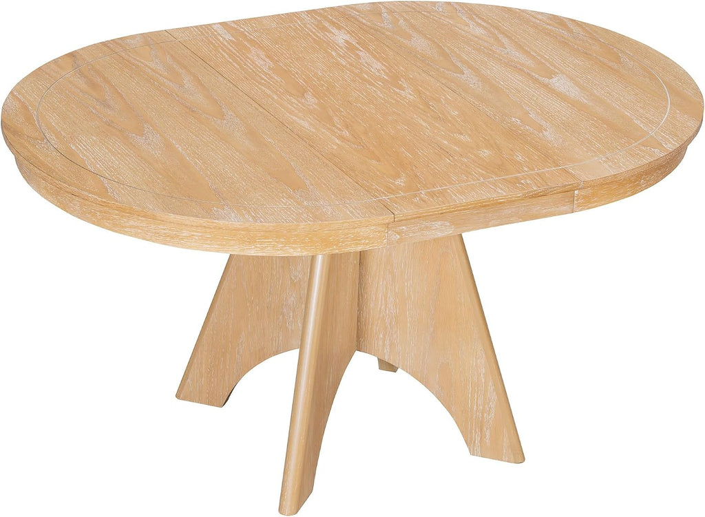LUMISOL 42'-58' Extendable Round Dining Table for 4-6, Farmhouse Kitchen Table with Distressed Finish and Sturdy Crossed Legs, Wood Dinner Tables for Kitchen, Dining Room, Natural Wood Wash