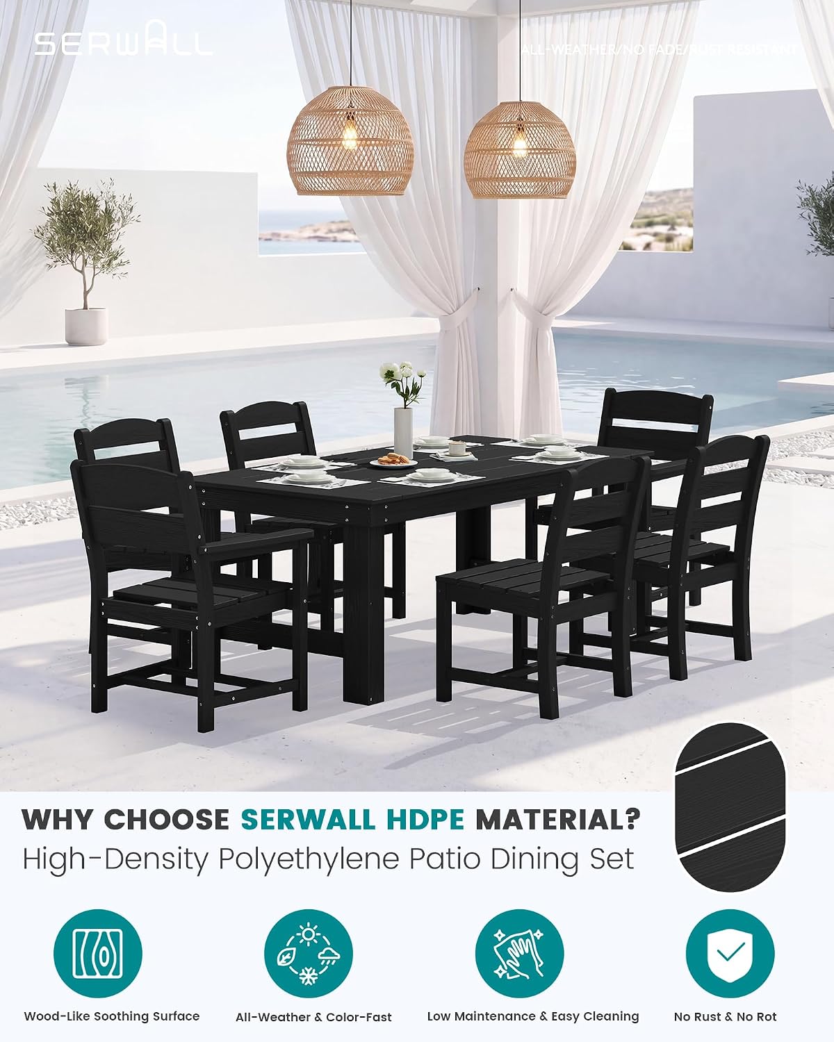 SERWALL Outdoor Dining Table Set, 67'' HDPE Patio Dining Set for 4, All-Weather Outdoor Table and Armless Chairs Set for Deck, Black