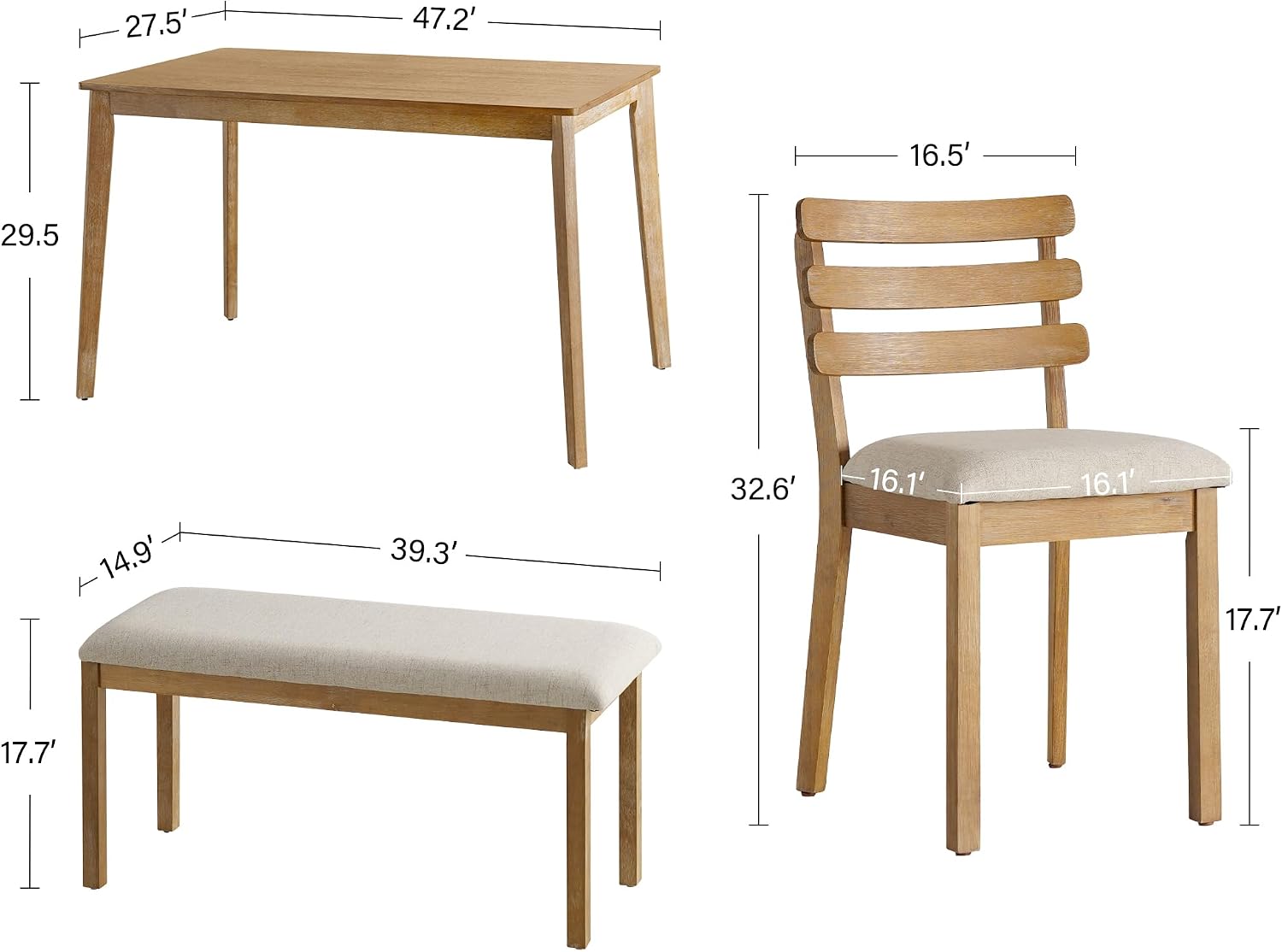 SIMTONAL 4-Piece Farmhouse Dining Set, Wooden Table with 2 Chairs, Bench Seat, Mid-Century Modern Wooden Table & Upholstered Chair Set for Home, Kitchen, Dining Room, Solidwood Legs