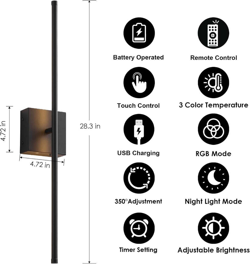 KARTOOSH 28.3 Inch 9 RGB Color Battery Operated Wireless Wall Sconces Set of Two, with Remote, Dimmable, Warm/Natural White/Daylight, Rotatable, LED Wall Light for Living Room, Bedroom, Black