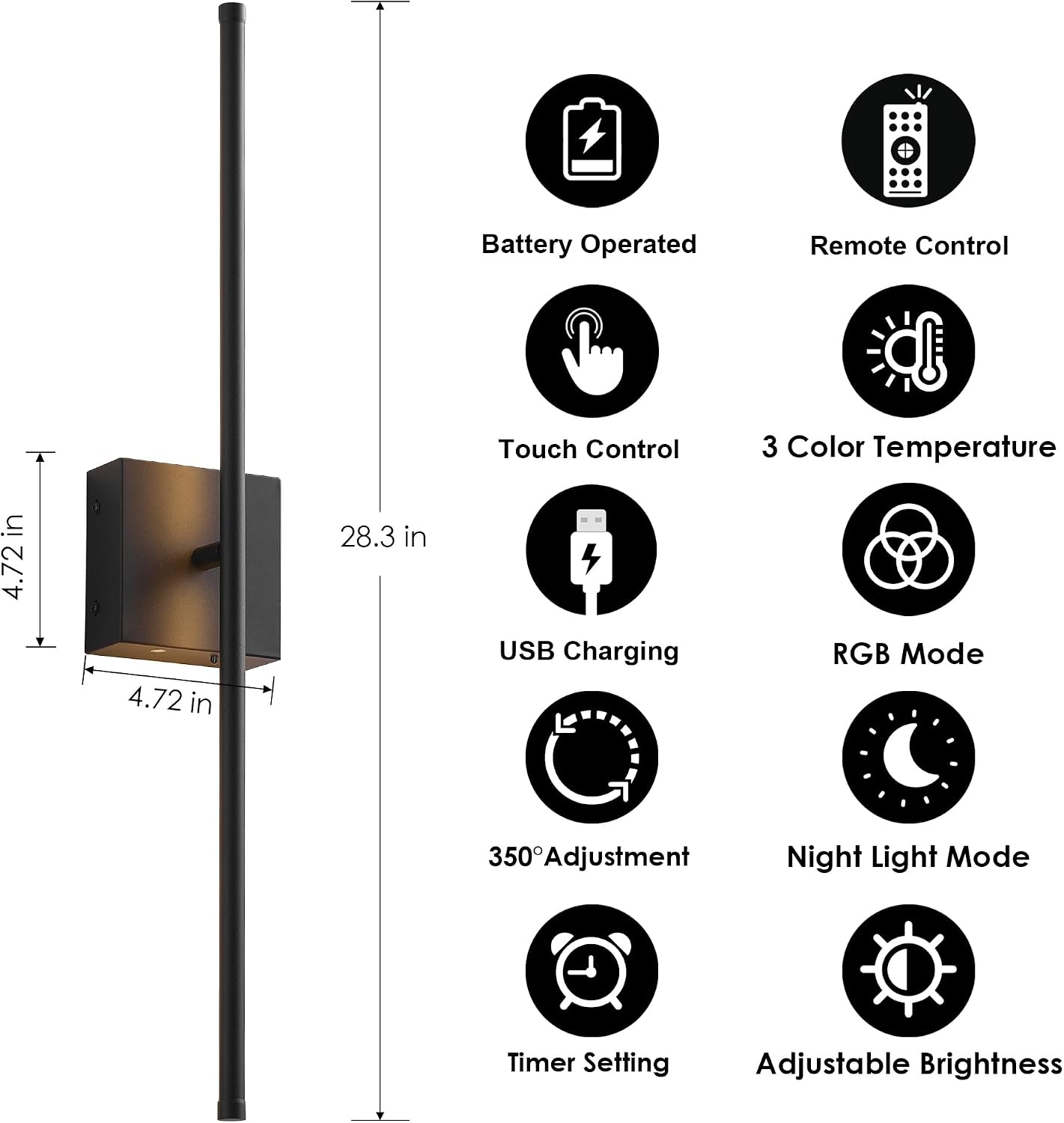 KARTOOSH 28.3 Inch 9 RGB Color Battery Operated Wireless Wall Sconces Set of Two, with Remote, Dimmable, Warm/Natural White/Daylight, Rotatable, LED Wall Light for Living Room, Bedroom, Black