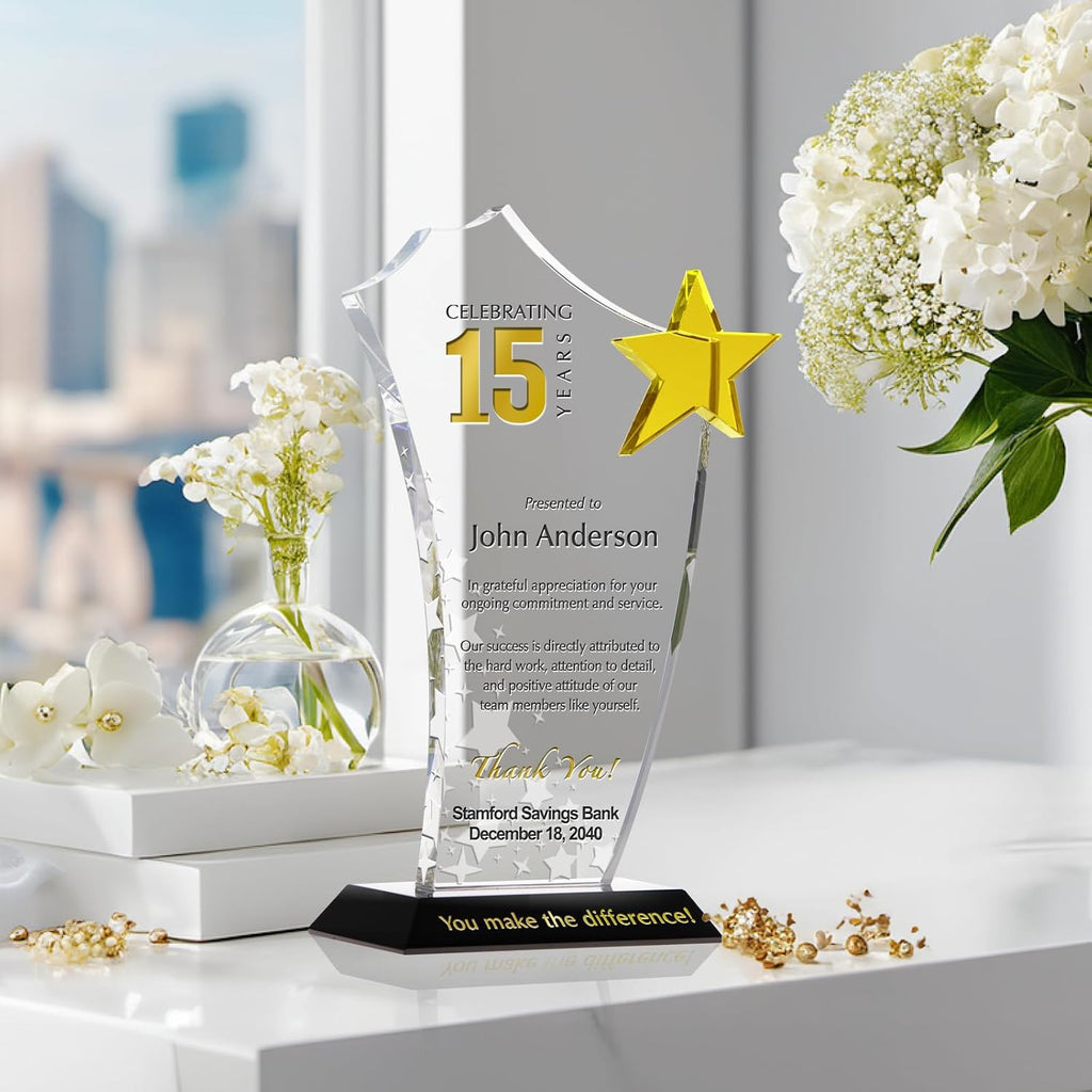 Personalized Crystal Gold Star Employee Long Service Award Plaque, Customized with Employee Name, Years of Service and Company Name, Unique Corporate Service Award Trophy (M - 8.5')