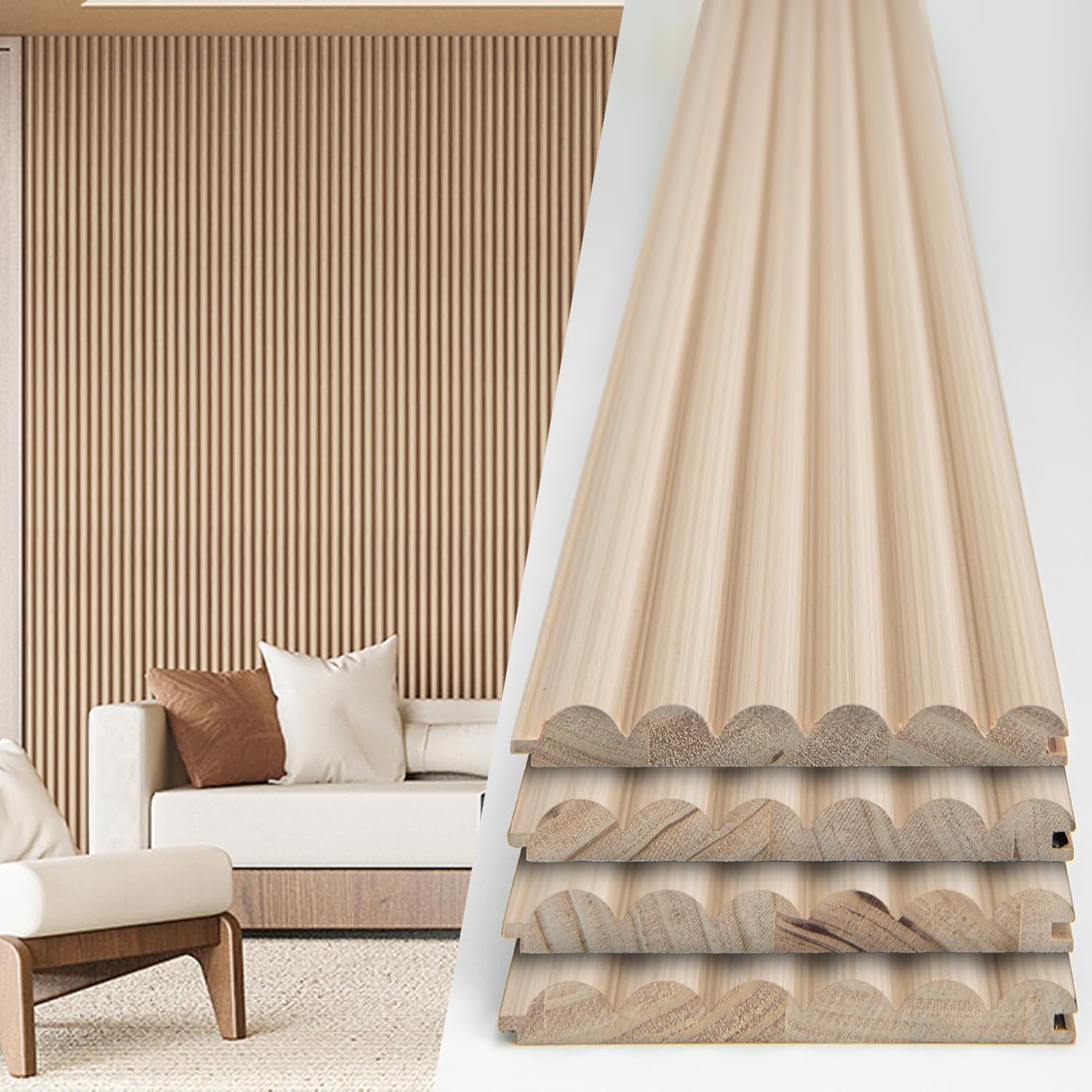Art3d Fluted Wood Panel - 108 x 5.7 x 0.7in for Wall & Ceiling, Beaded Accent Molding for Home Decoration, Pack of 4pcs + 1pc End-Trim, Beaded Ashtree