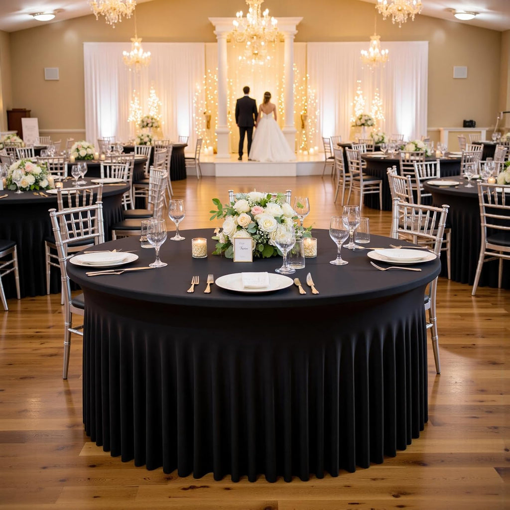 Outpain 12 Pack Spandex Black Round Tablecloths for 60 Inch/5FT Tables - Stretchy Table Cloth with Skirt, Wrinkle-Free Fitted Cloth for Wedding Vendor, Banquet & Graduation Decor (120' Round)