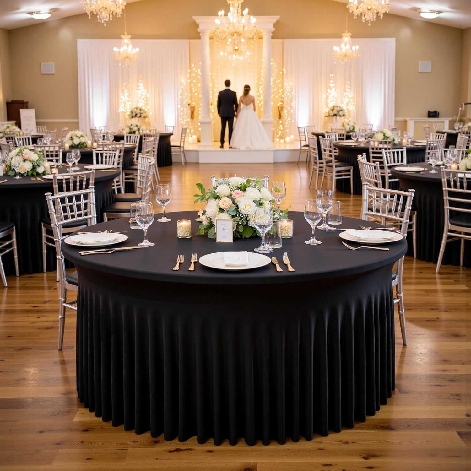 Outpain 12 Pack Spandex Black Round Tablecloths for 60 Inch/5FT Tables - Stretchy Table Cloth with Skirt, Wrinkle-Free Fitted Cloth for Wedding Vendor, Banquet & Graduation Decor (120' Round)