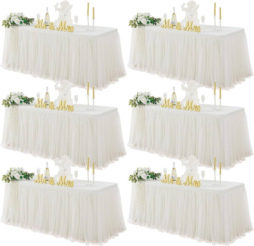 familus Ivory Table Cloths 6 Foot Rectangle 6 Pack Stretch Ruffle Tulle Tablecloth Spandex Fitted Table Cover for 6 Foot Tulle Table Skirts for Party Wedding Table Cloths, Banquets