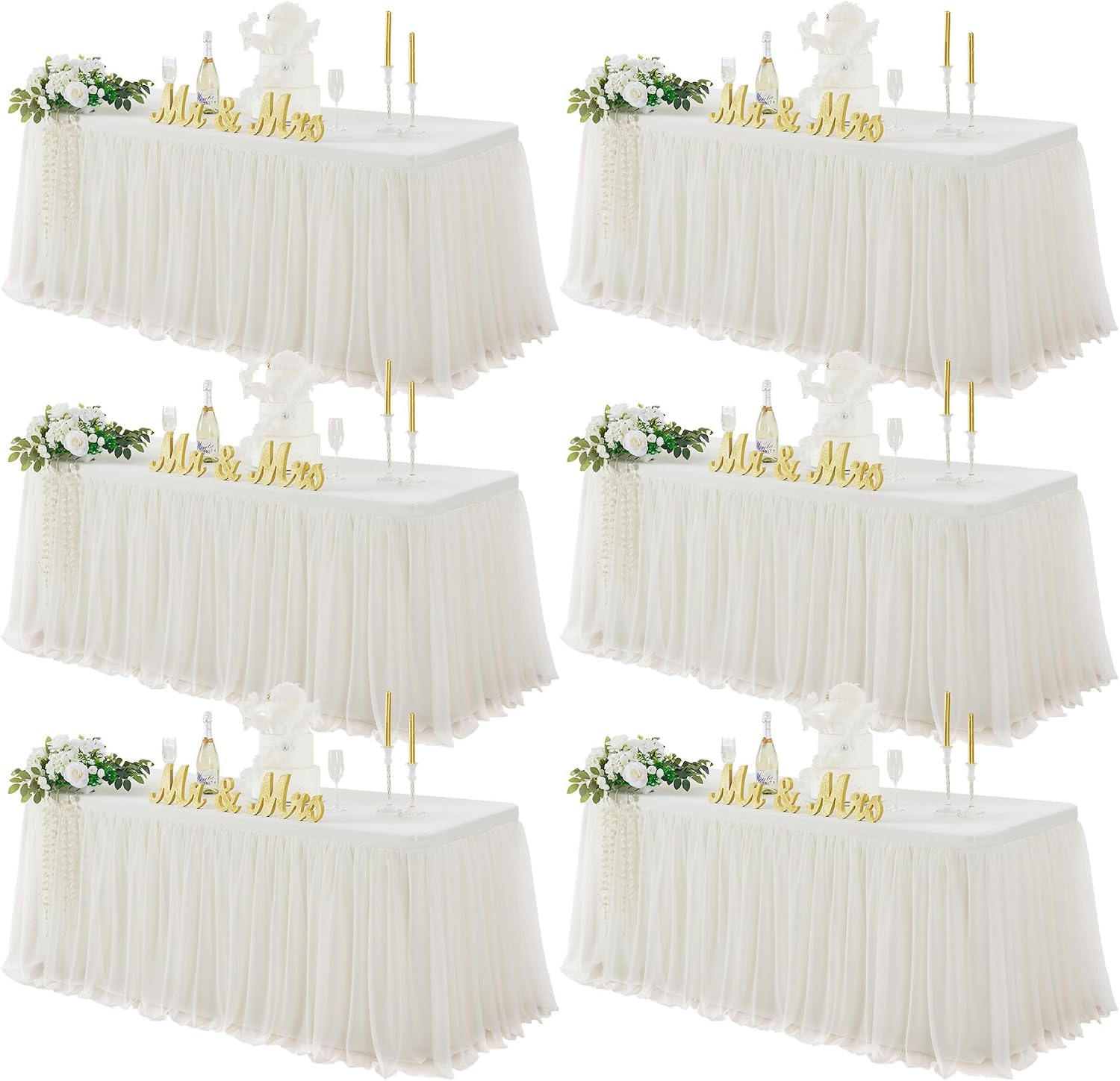 familus Ivory Table Cloths 6 Foot Rectangle 6 Pack Stretch Ruffle Tulle Tablecloth Spandex Fitted Table Cover for 6 Foot Tulle Table Skirts for Party Wedding Table Cloths, Banquets