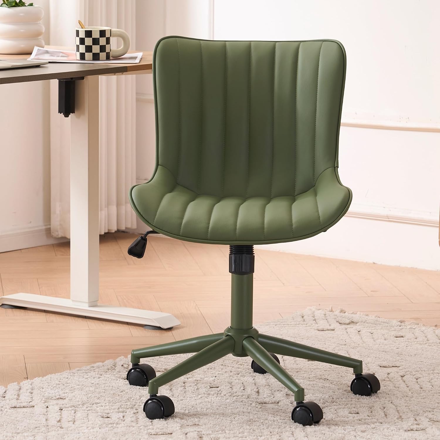 YOUNIKE Home Office Desk Chair with Wheels Armless Vanity Chair with Back Comfy Modern Leather Upholstered Rolling Task Chair Swivel Small Cute Sewing Chair No Arms Wide Adjustable Sage Green