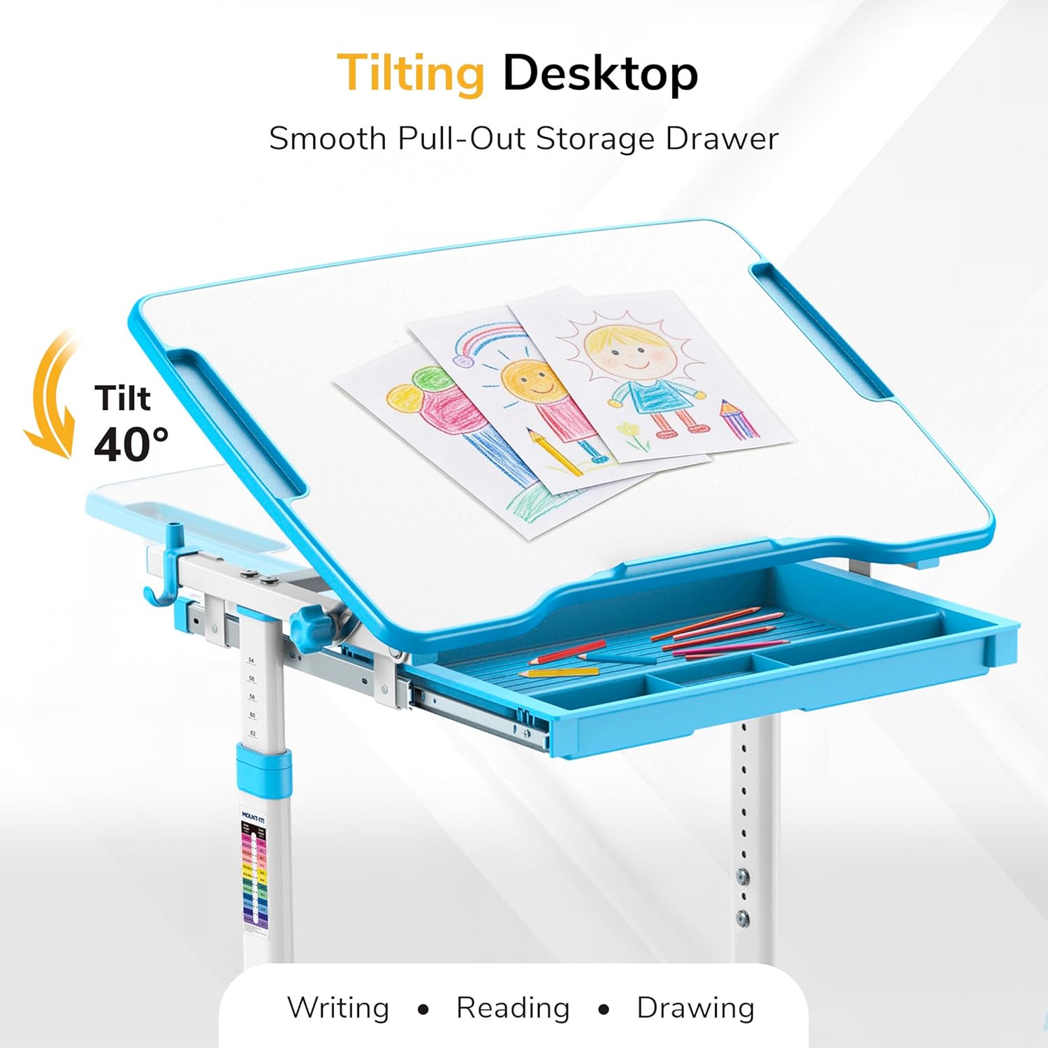 Mount-It! Kids Desk and Chair Set, Height Adjustable Sturdy, Kid Study Workstation and Chair Set for Boys, Home School, Arts, Drawing, Crafts, Ergonomic Childrens Storage Drawer Blue
