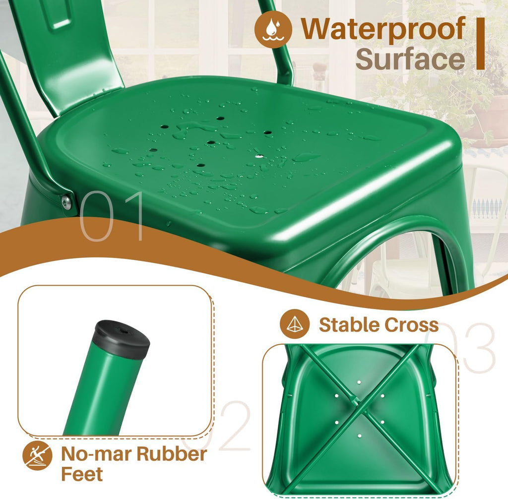 Furmax Metal Dining Chair Indoor Outdoor Use Stackable Classic Trattoria Chair Chic Dining Bistro Cafe Side Metal Chairs Set of 4 (Green)