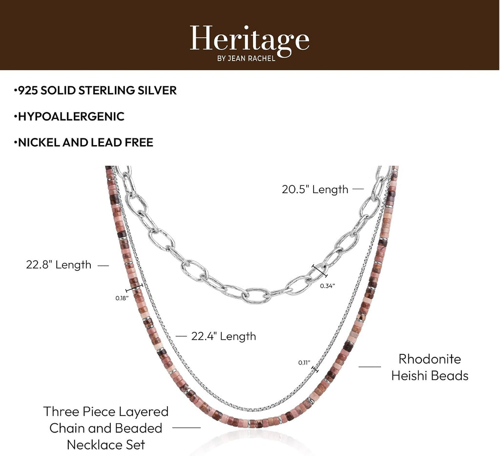JEAN RACHEL JEWELRY Men's 3-Piece Necklace Layering Set - Hammered Link Chain, Box Chain & Rhodonite Beads - Rose Black Bundle