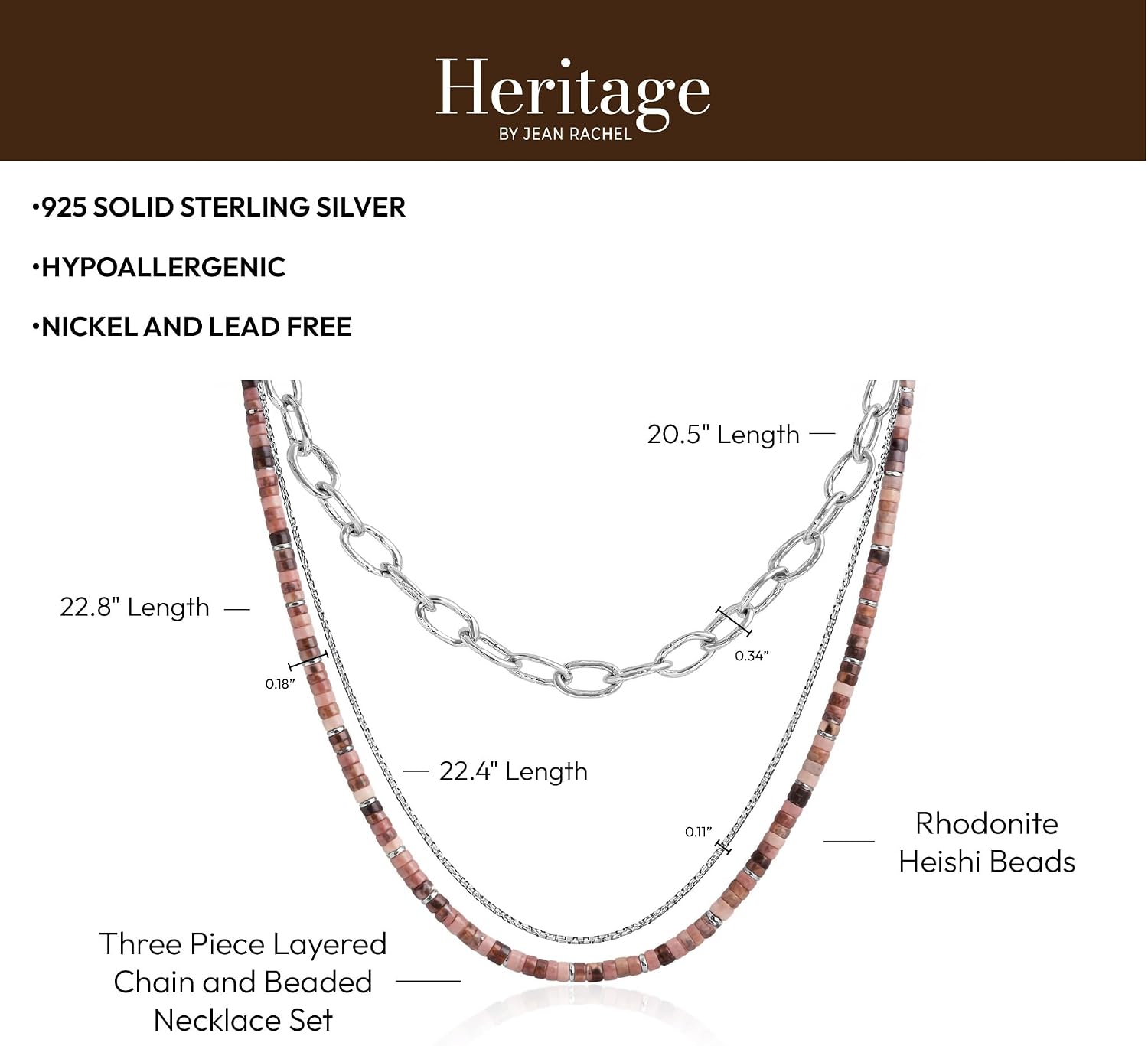 JEAN RACHEL JEWELRY Men's 3-Piece Necklace Layering Set - Hammered Link Chain, Box Chain & Rhodonite Beads - Rose Black Bundle