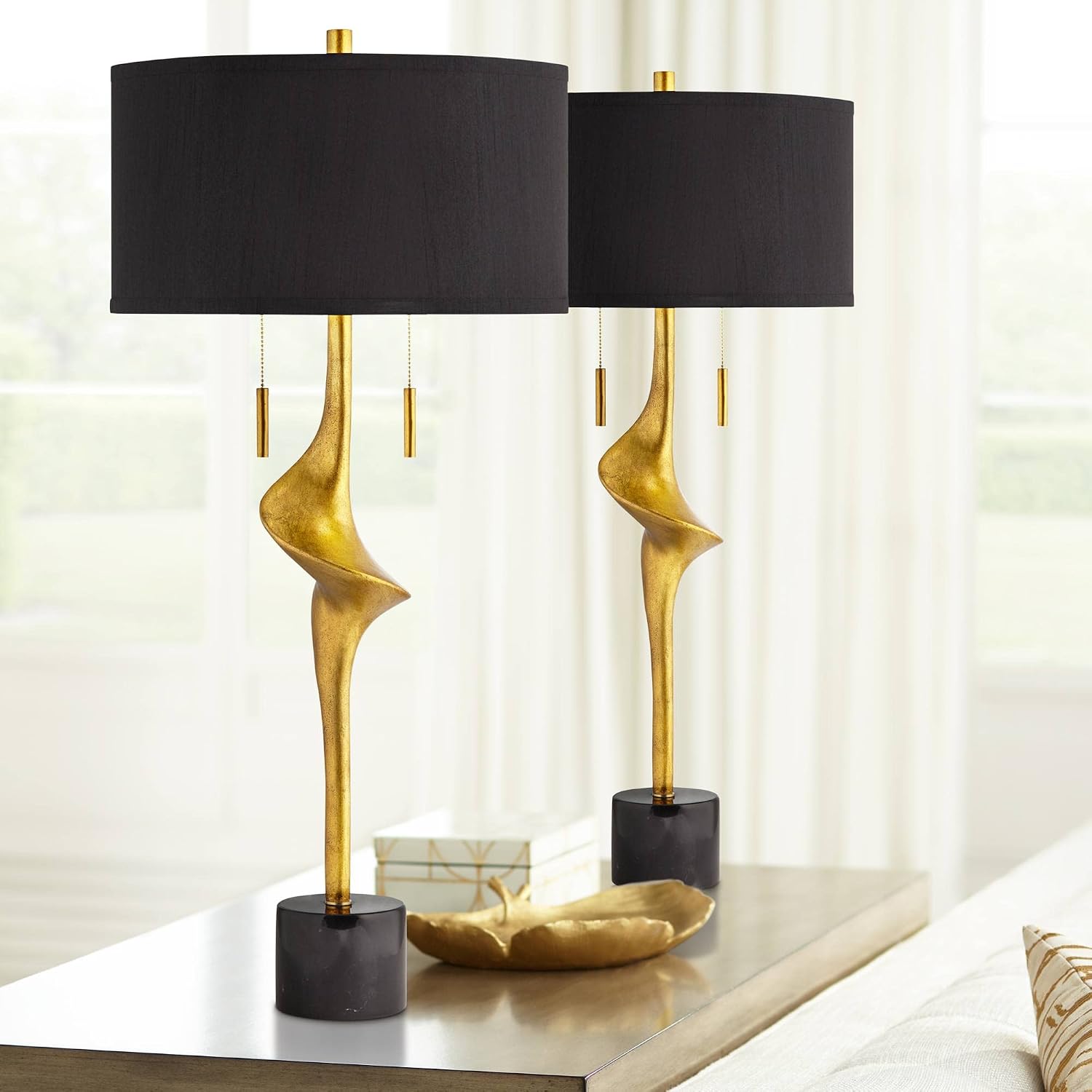 Possini Euro Design Athena 35 1/2' Tall Large Modern Glam End Table Lamps Set of 2 Pull Chain Sculptural Gold Leaf Living Room Bedroom Bedside Nightstand House Office Home Reading Kitchen Entryway