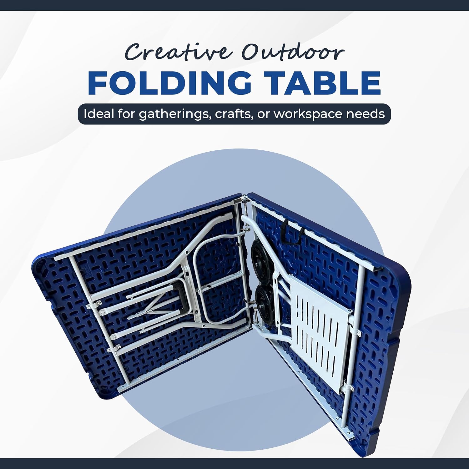Creative Outdoor 6 Foot Folding Table, Durable Plastic, Built-in Wheels, Easy to Clean, Indoor/Outdoor Folding Table, Perfect for Camping, Picnic (Blue & Grey)