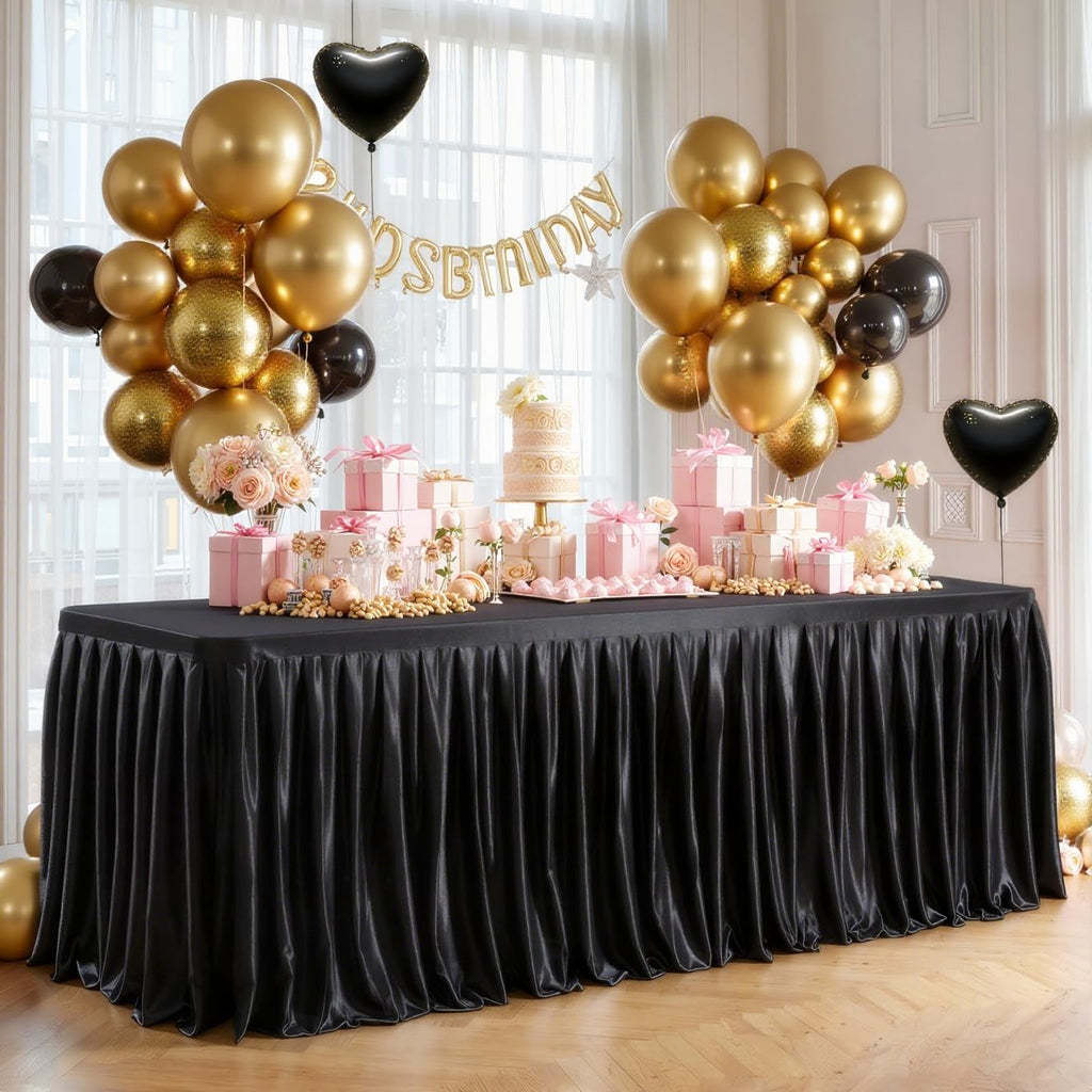 8 Pack 6ft Black Satin Tablecloths Rectangular - Shiny Spandex Party Table Cover with Pleated Table Skirt, No-Wrinkle & Glossy Wedding Tablecloth One-Piece for Birthday Baby Shower Banquet Ceremony