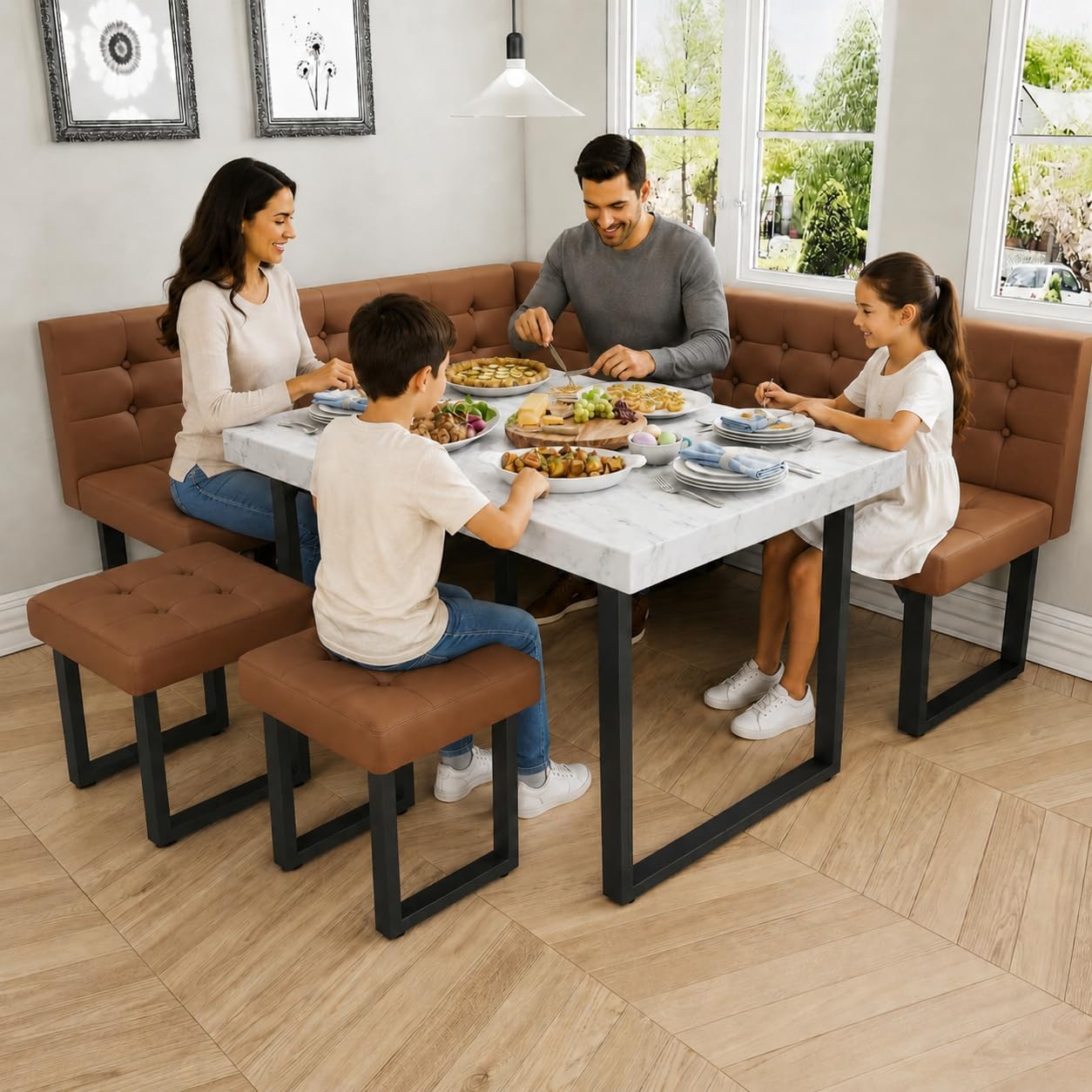 XIAO WEI Corner Dining Table Set for Small Spaces, 72 Inch Breakfast Nook with Storage Banquette, 5 Piece Dining Set with Upholstered Bench, Modern Caramel Brown