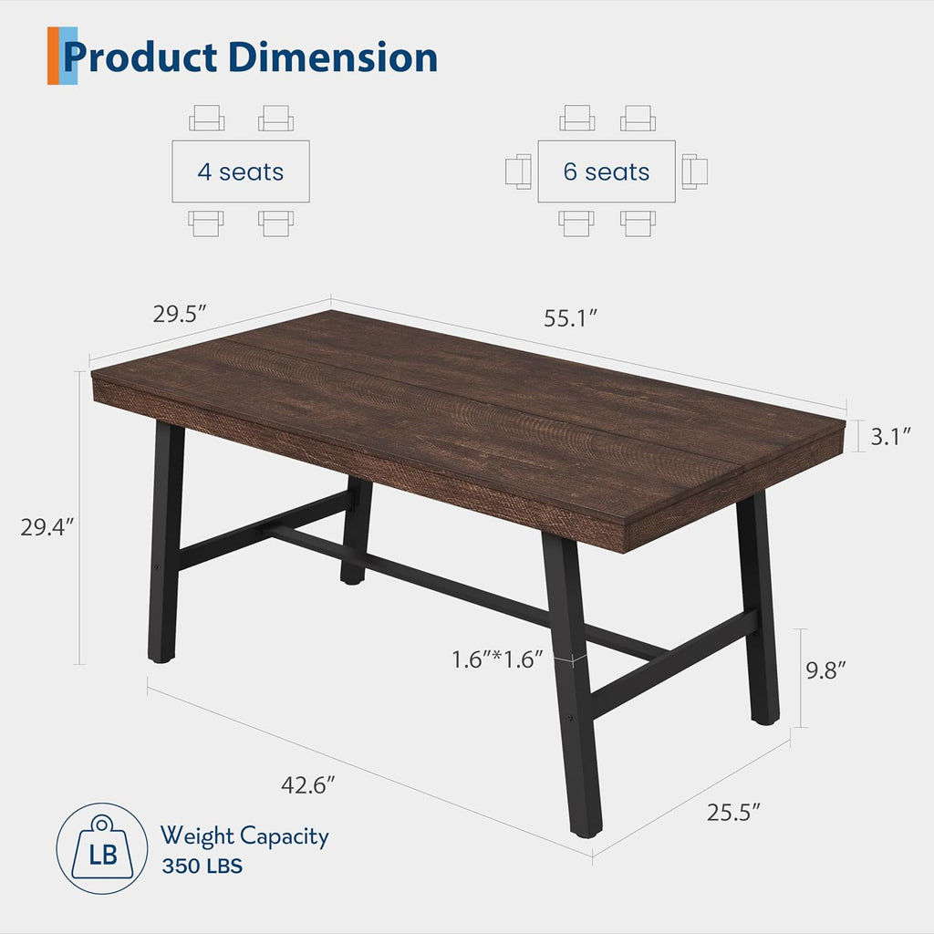 GarveeHome Industrial Dining Table for 2-4 People, 55.11' Long Kitchen Table with Sturdy Metal Frame, Rectangular Counter for Dinner, Kitchen, Dining Room (Rustic Birch, 55' Non-extendable)
