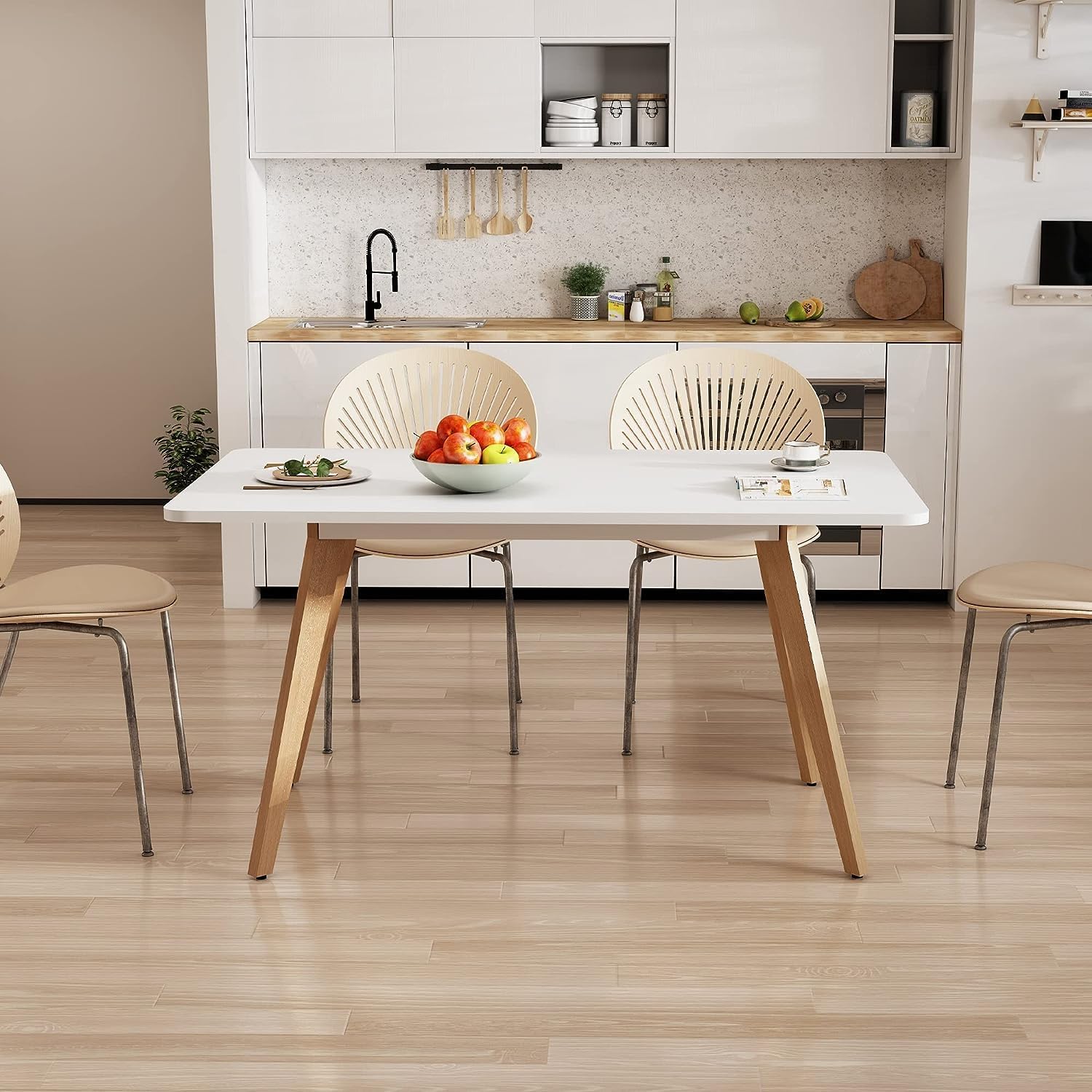 Comfy to go 47.2' Dining Table for 4-6 Person - Rectangular Kitchen Table with Soild Wood Legs Mid Century Modern Table for Dinning Room, Kitchen, Living Room (White)